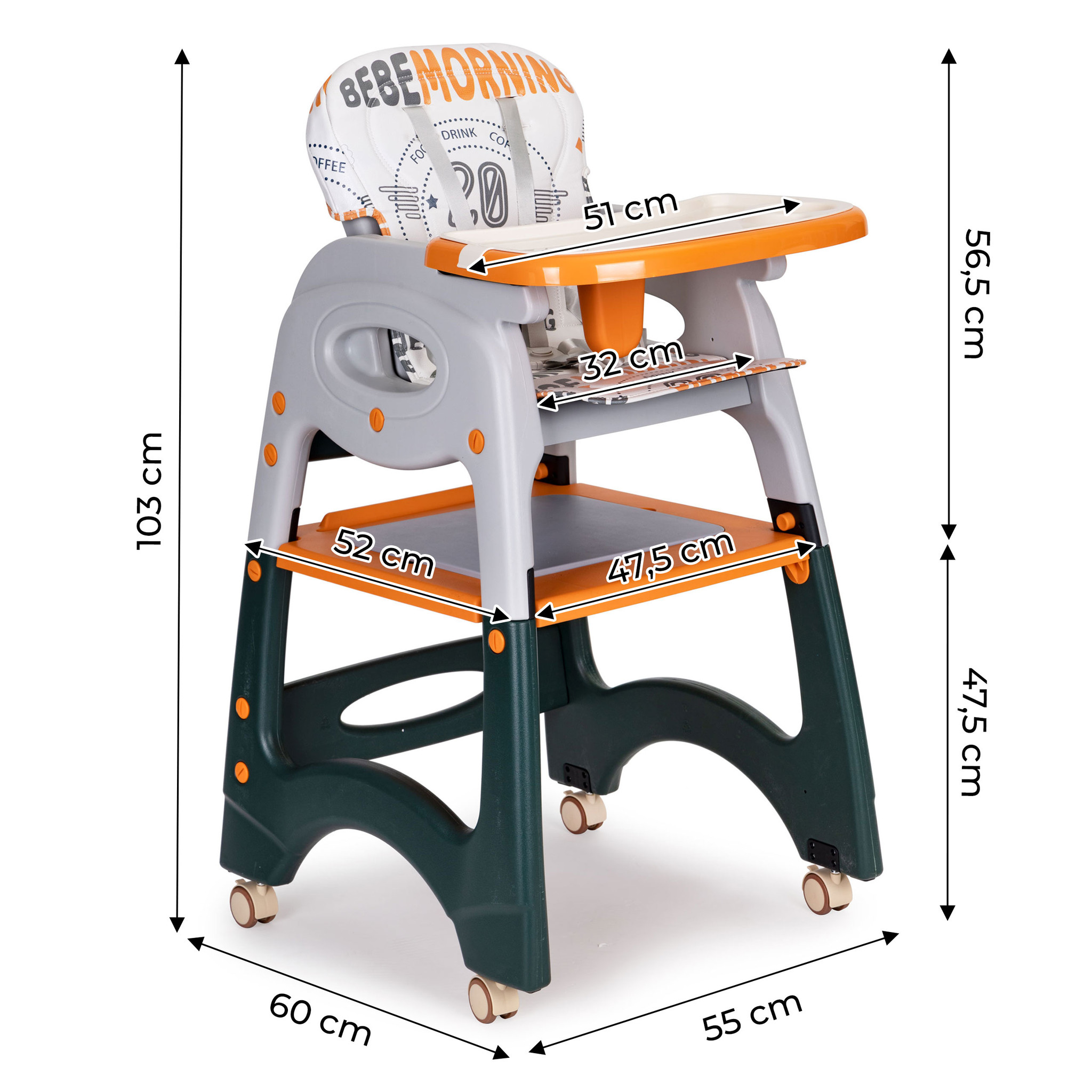 Kinderstoel - meegroeistoel - 2-in-1 - met speeltafel - oranje