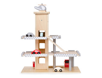 Speelgoed garage - hout - met lift en voertuigen - 43x29,5x44cm