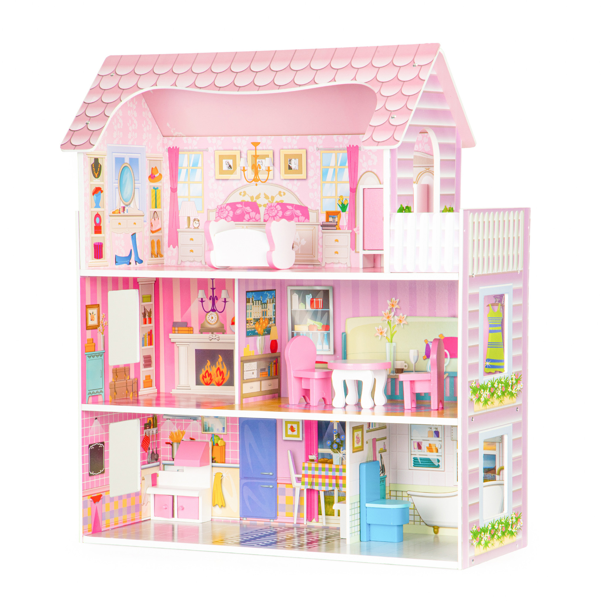 Poppenhuis - hout - 60x24x70 cm - 3 verdiepingen - roze