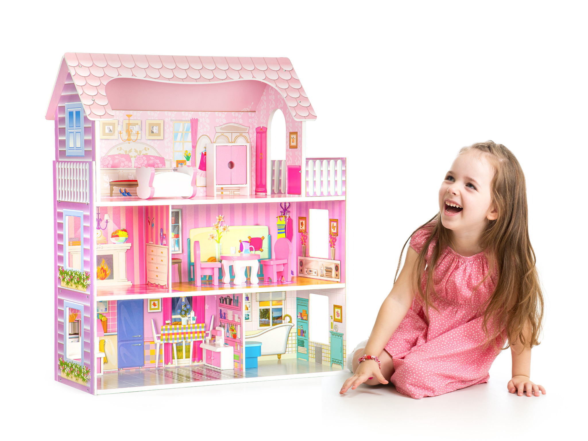 Poppenhuis - hout - 60x24x70 cm - 3 verdiepingen - roze