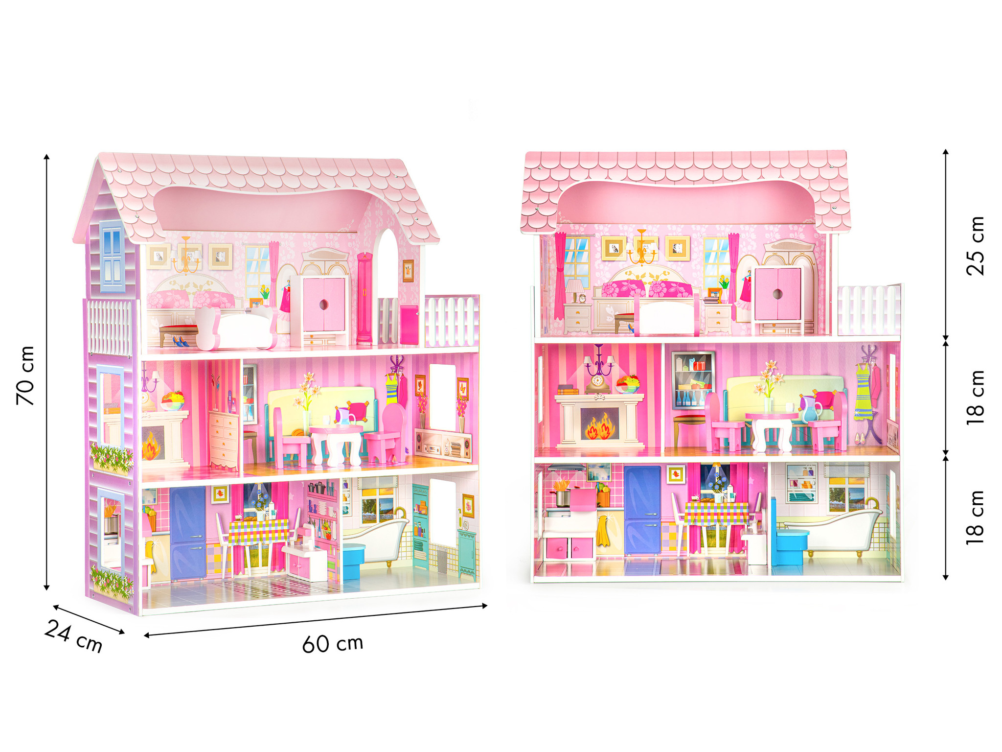 Poppenhuis - hout - 60x24x70 cm - 3 verdiepingen - roze