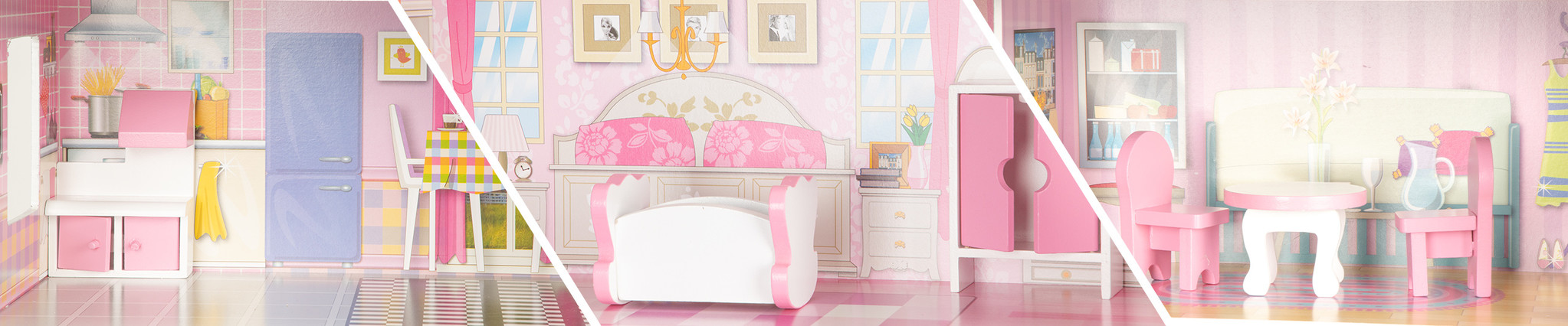 Poppenhuis - hout - 60x24x70 cm - 3 verdiepingen - roze