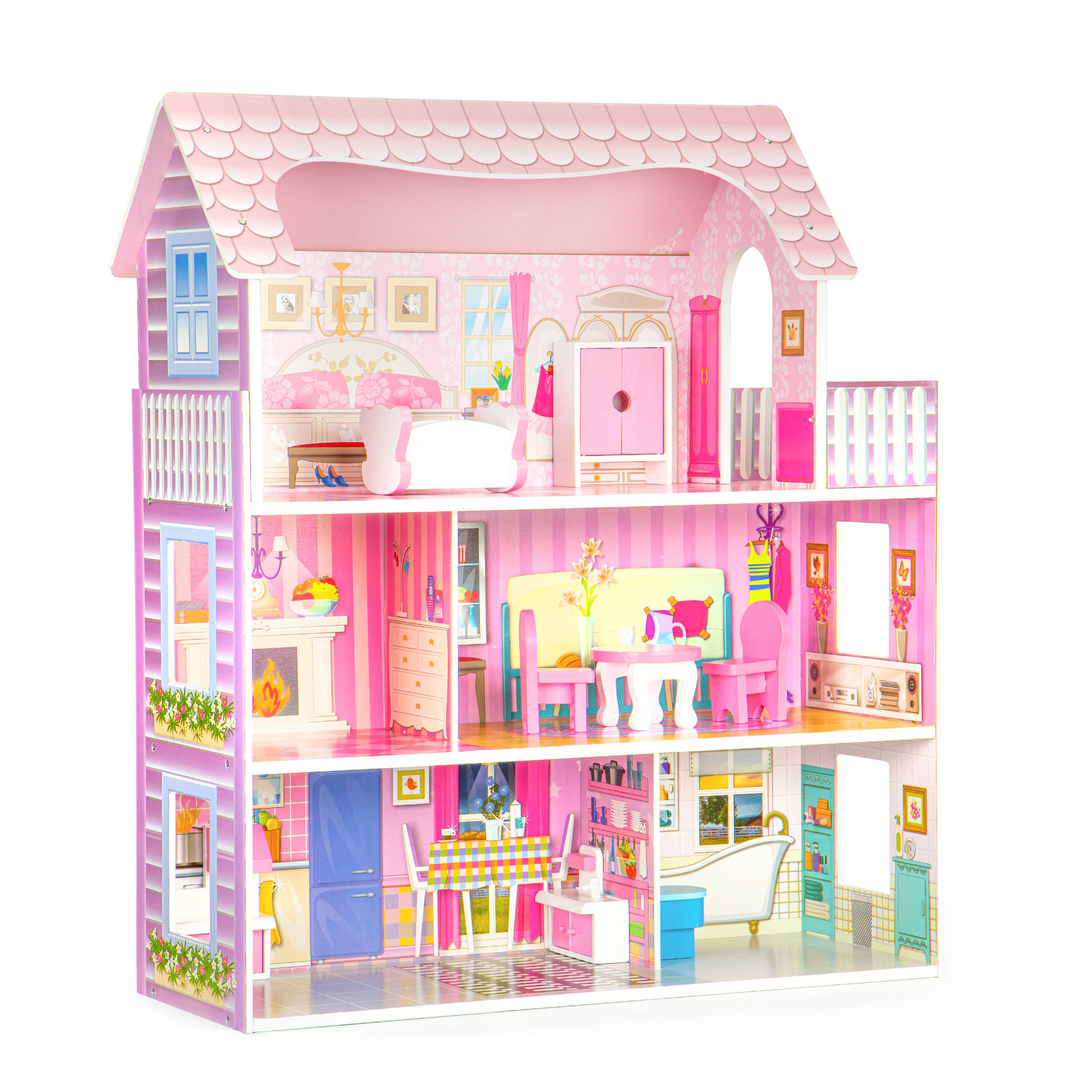 Poppenhuis - hout - 60x24x70 cm - 3 verdiepingen - roze