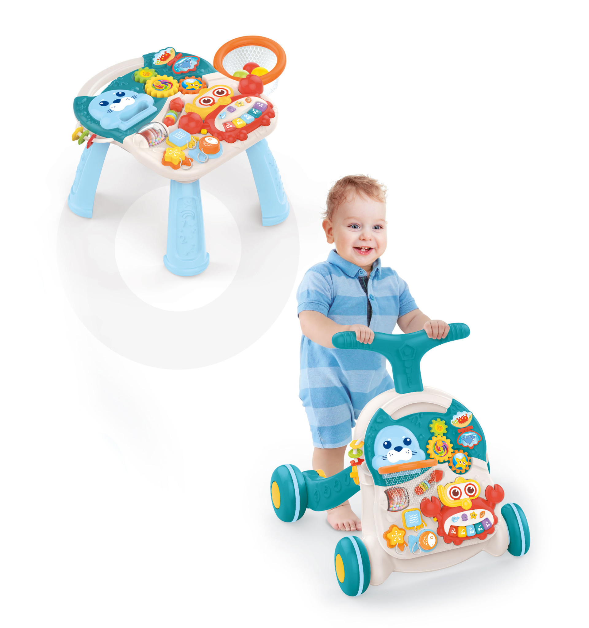 Loopwagen - 2in1 duwer - activiteitentafel - blauw