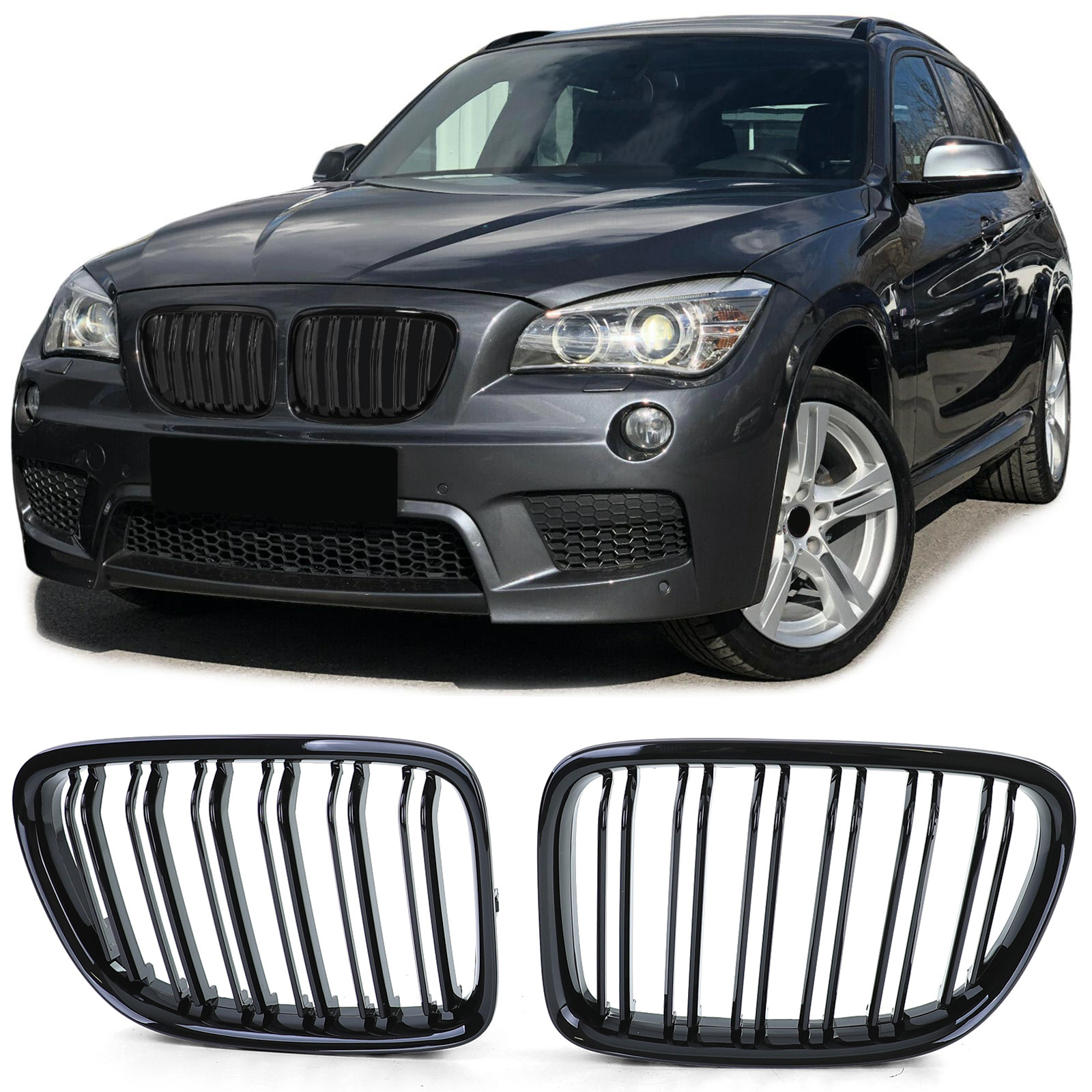 Grill Nieren - BMW X1 E84 0-15 - Dubbele Brug - Glanzend Zwart