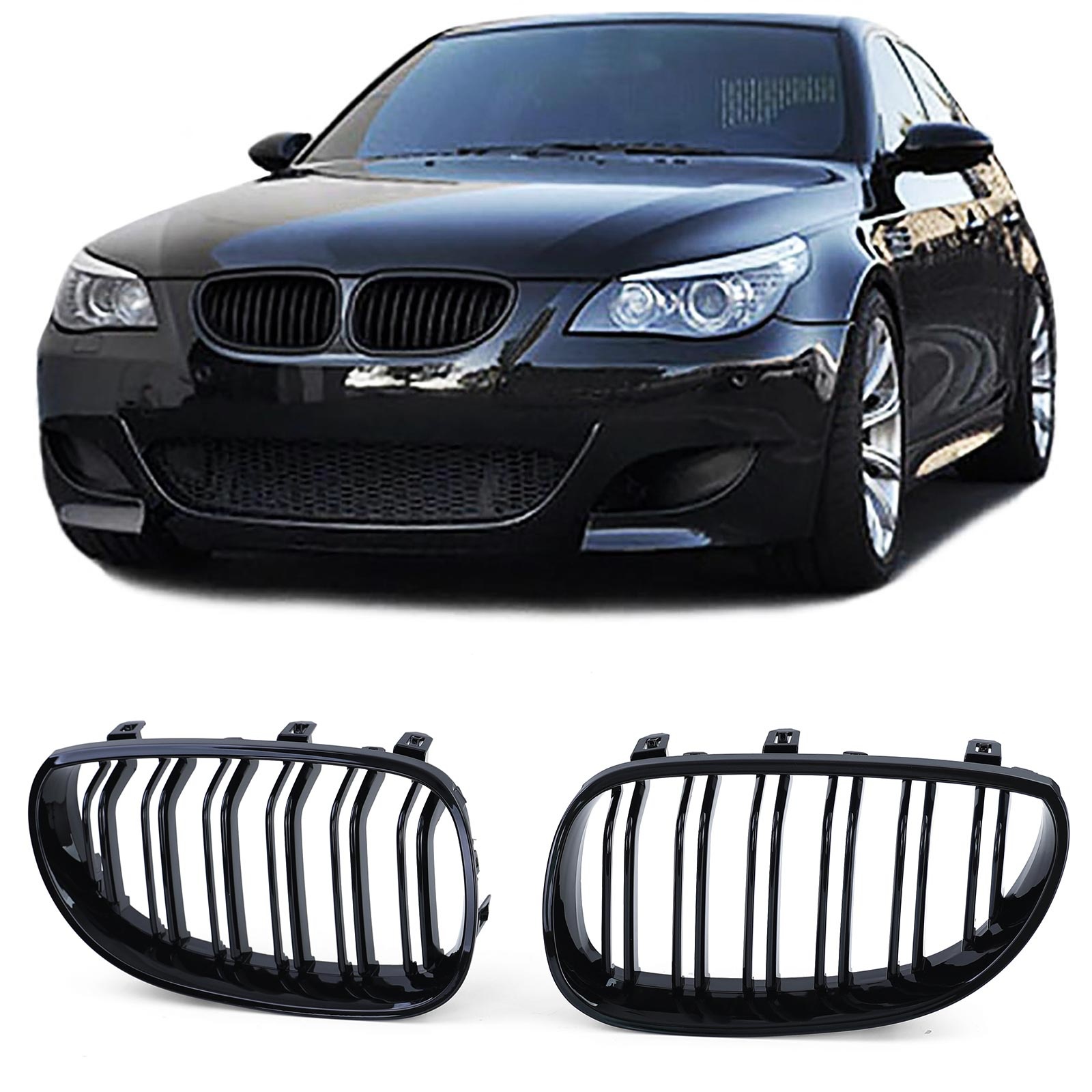 Grill nieren - BMW 5 serie E60 E61 03-10 - Dubbele stang - Zwart glans