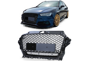 Honingraat grill geschikt voor Audi A3 8V 12-16 - Badgeloos zwart glans - PDC.