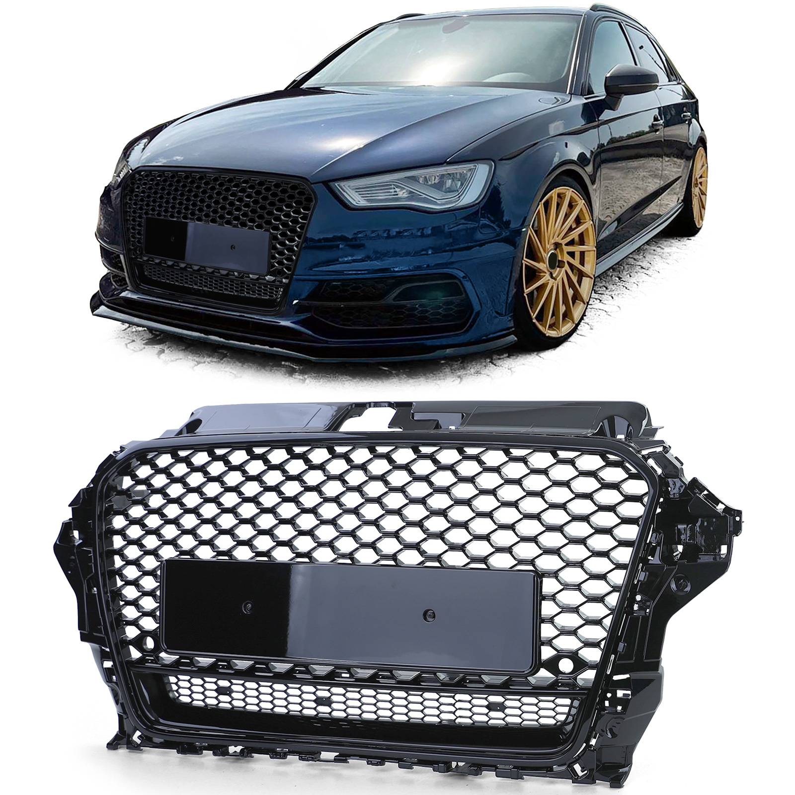 Honingraat grill - Audi A3 8V 12-16 - Badgeloos zwart glans - PDC.