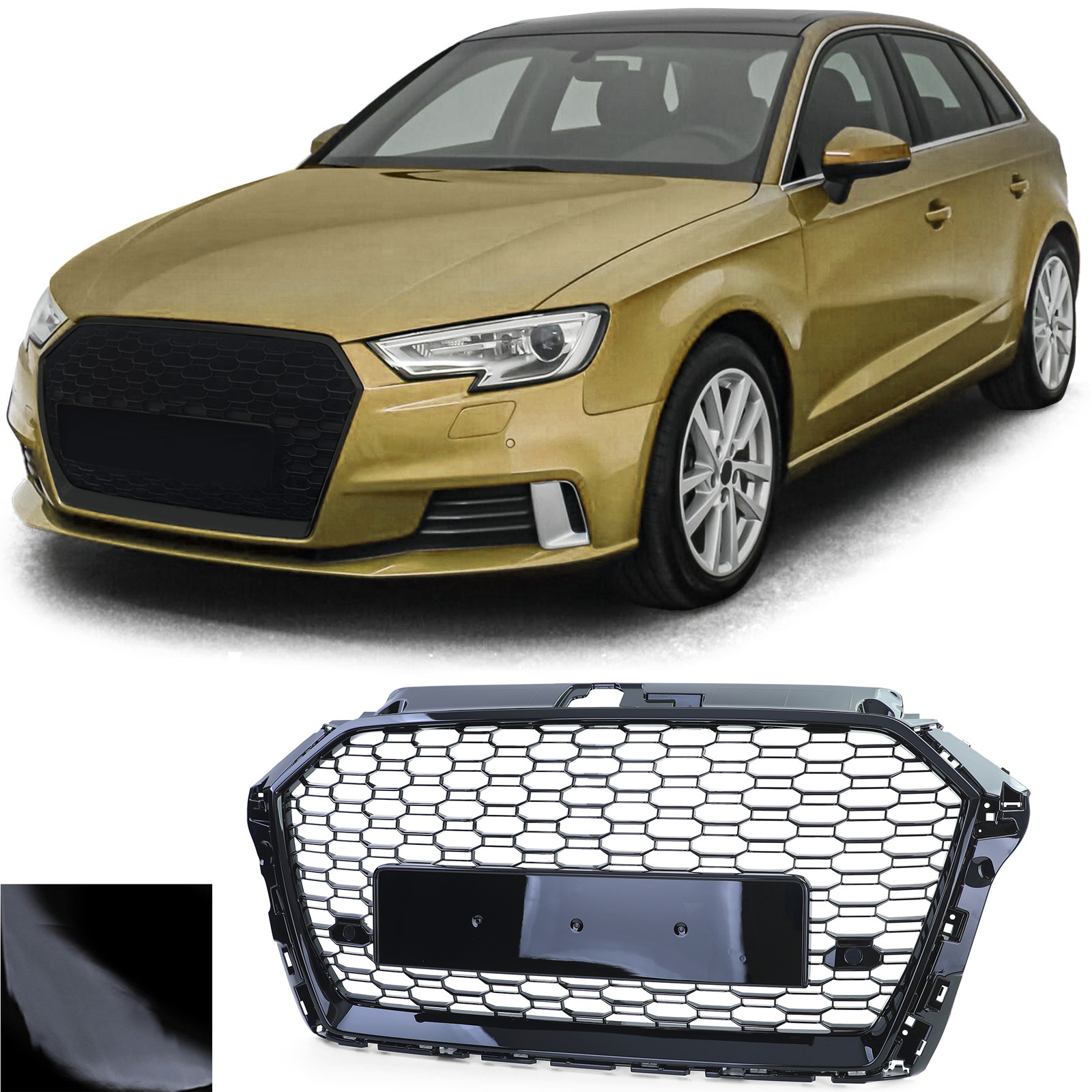 Honingraat grill - Audi A3 8V 16-20 - zwart glanzend - PDC geschikt