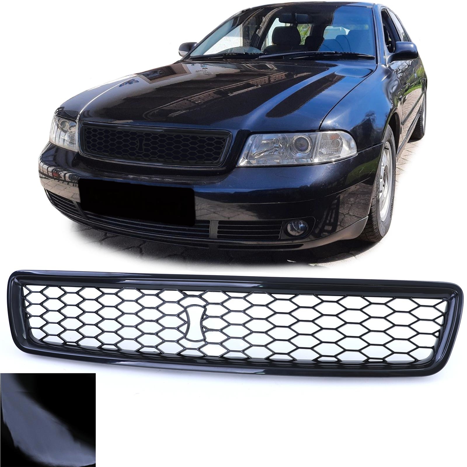 Honingraat Grill - Audi A4 B5 94-01 - Badgeloze Sport Optiek - Glanzend Zwart