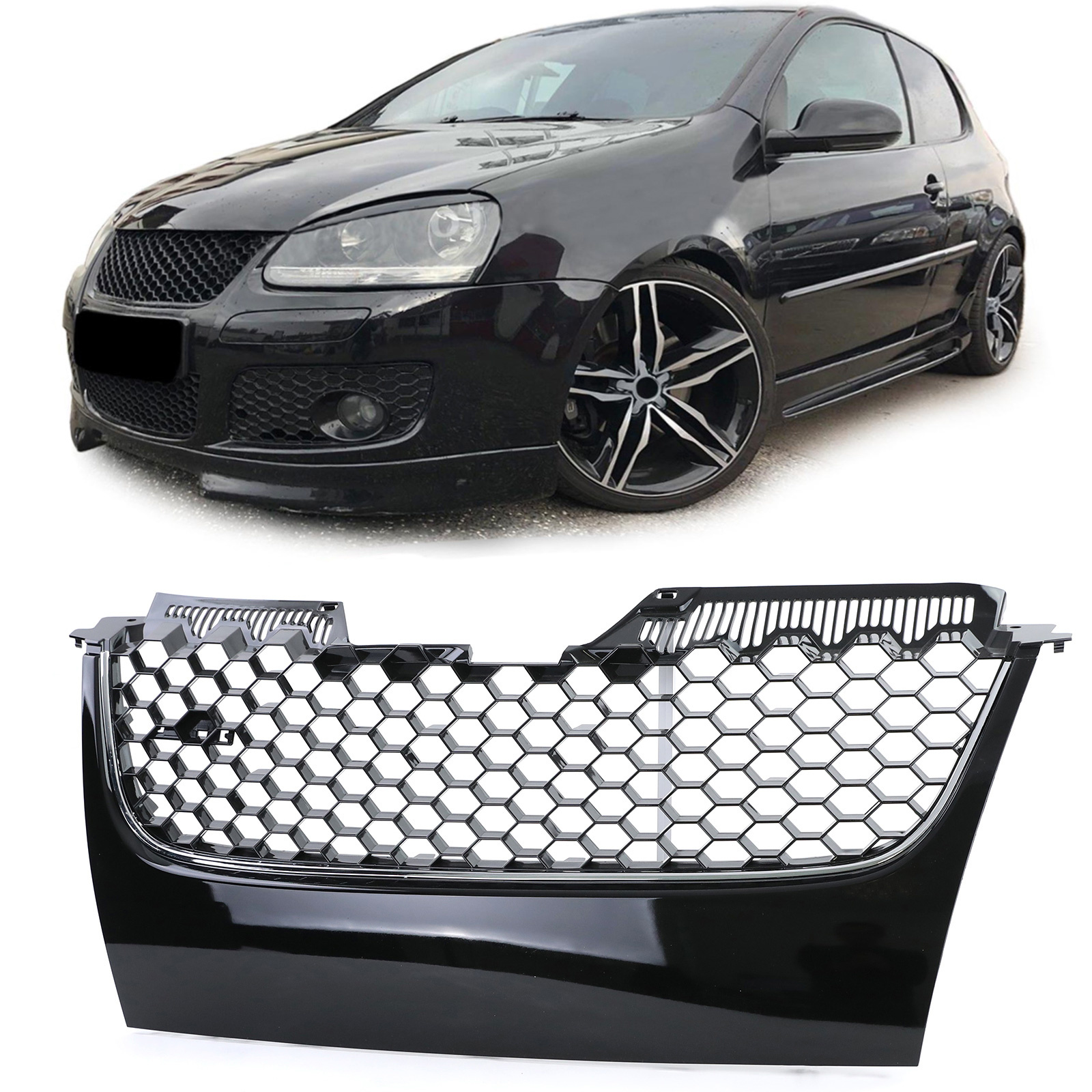 Honingraat grill geschikt voor VW Golf 5 GTI 03-09 - Zwart glans - Chromen strip
