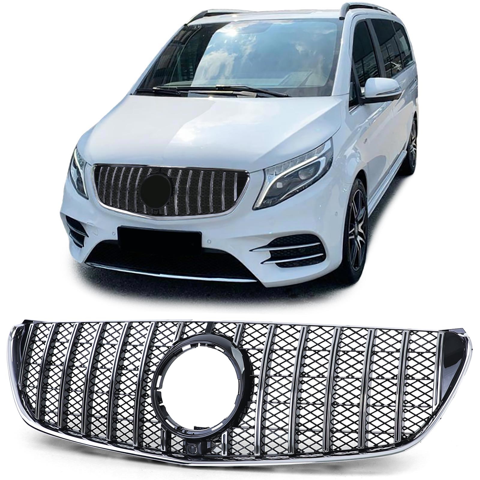 Autogrille - Mercedes V Class W447 14-19 - Sport optiek - Chroom/Glans Zwart