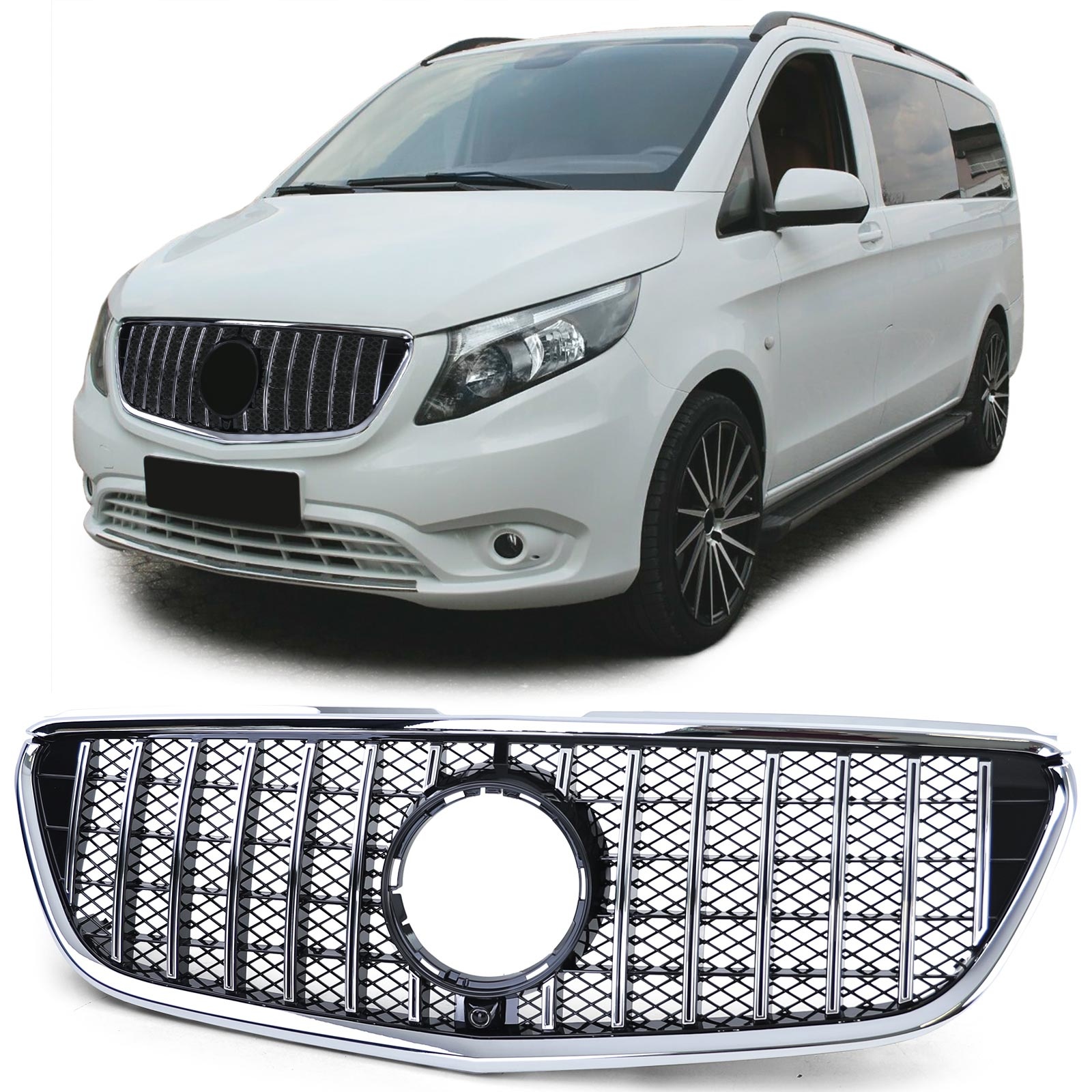 Autogrille - Mercedes Vito W447 14-19 - Sportieve Uitstraling - Glans Zwart/Chroom