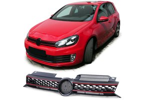 Autogrille geschikt voor VW Golf 6 GTI - Honingraat rooster - Zwart glanzend met rode bies