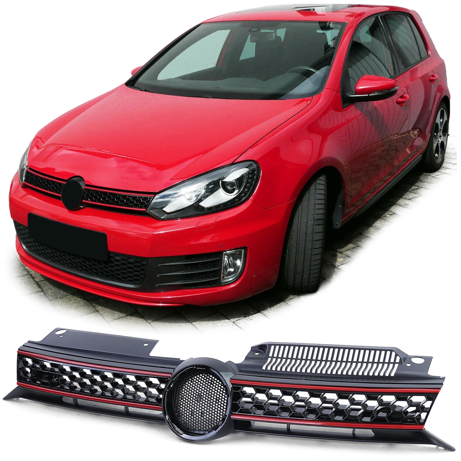 Autogrille geschikt voor VW Golf 6 GTI - Honingraat rooster - Zwart glanzend met rode bies