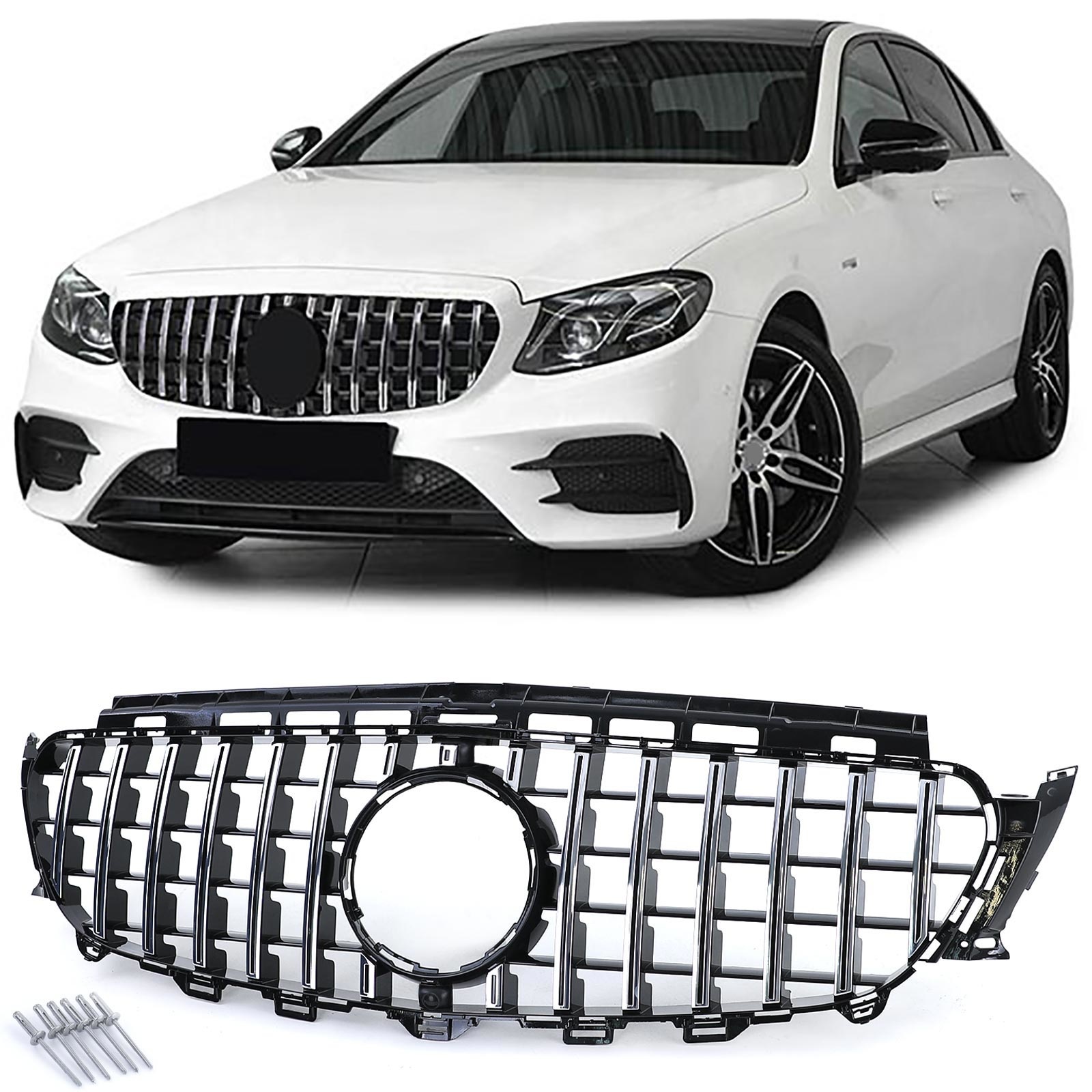 Autogrille - geschikt voor Mercedes E-klasse W213 S213 16-21 - Sport GT-optiek - GLANS ZWART/CHROOM