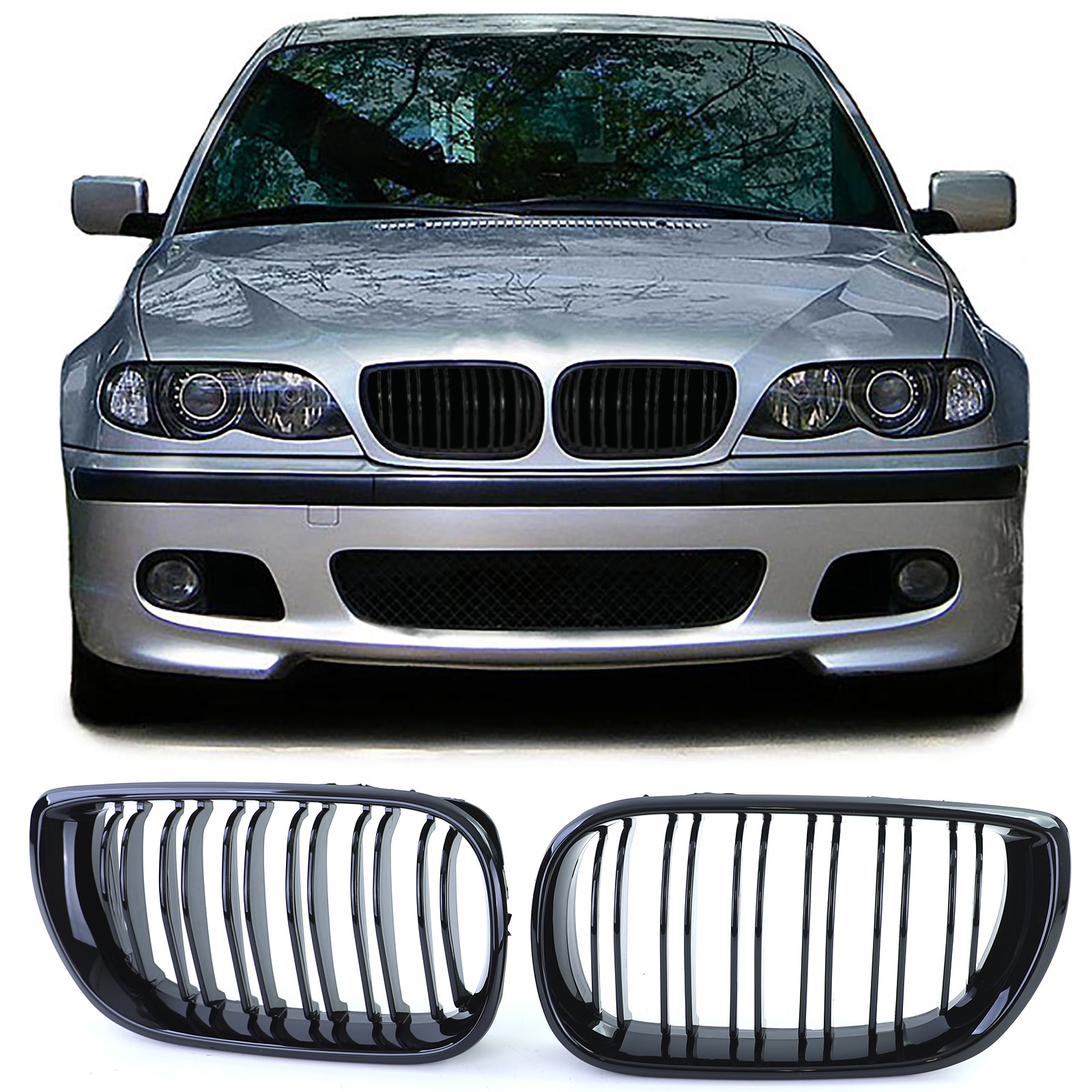 Radiateurgrille - BMW 3 Serie E46 01-05 - Dubbele stang - Zwarte glans.