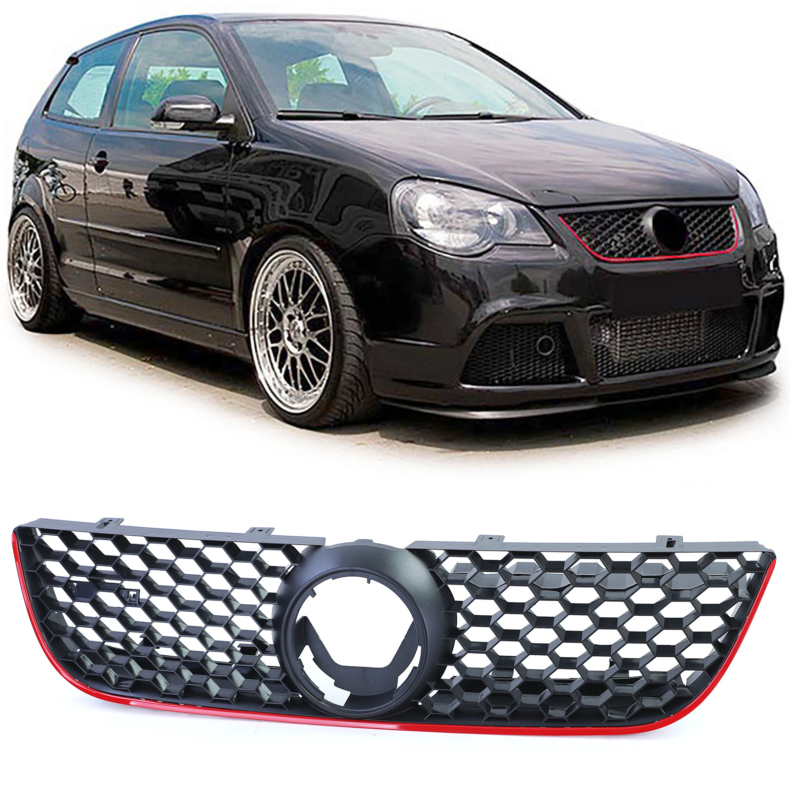 Honingraat grill - VW Polo 9N3 05-09 - Rode rand - Sportief design