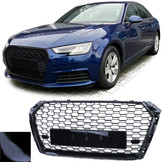 Honingraat grill geschikt voor Audi A4 B9 8W 15-19 - Zwart glans - Badgeloos & inclusief PDC sensoren.
