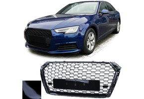 Honingraat grill - Audi A4 B9 8W 15-19 - Zwart glans - Badgeloos & inclusief PDC sensoren.