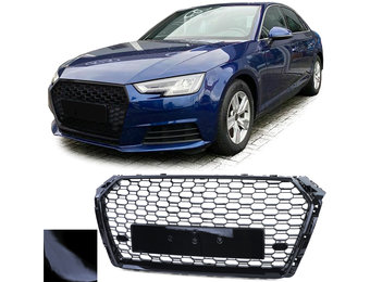 Honingraat grill - Audi A4 B9 8W 15-19 - Zwart glans - Badgeloos & inclusief PDC sensoren.