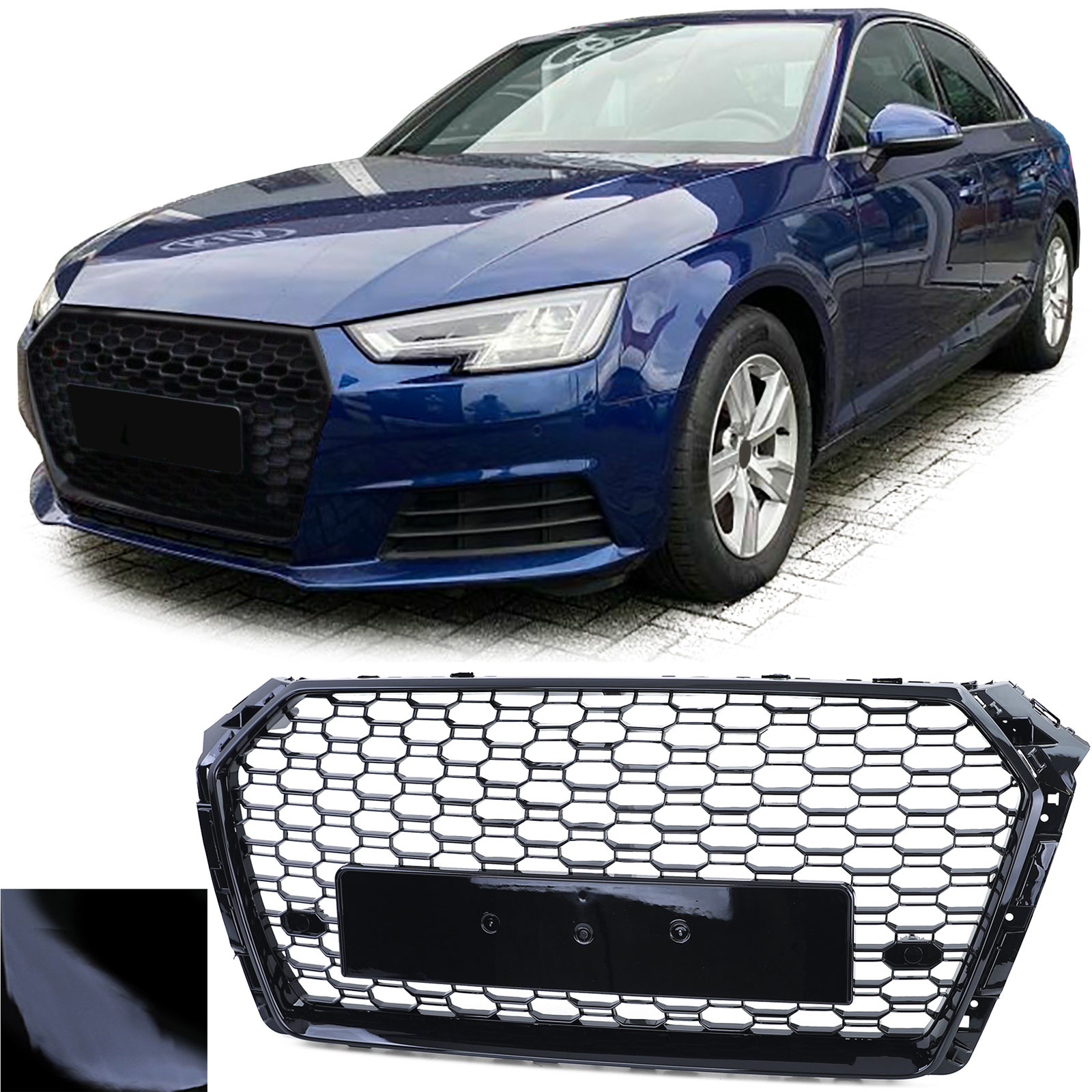Honingraat grill - Audi A4 B9 8W 15-19 - Zwart glans - Badgeloos & inclusief PDC sensoren.