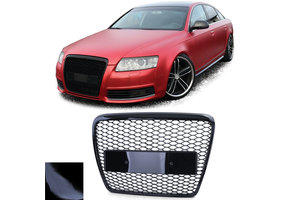 Honingraat grill - geschikt voor Audi A6 C6 4F 08-11 - Badgeloos - ZWART GLANS
