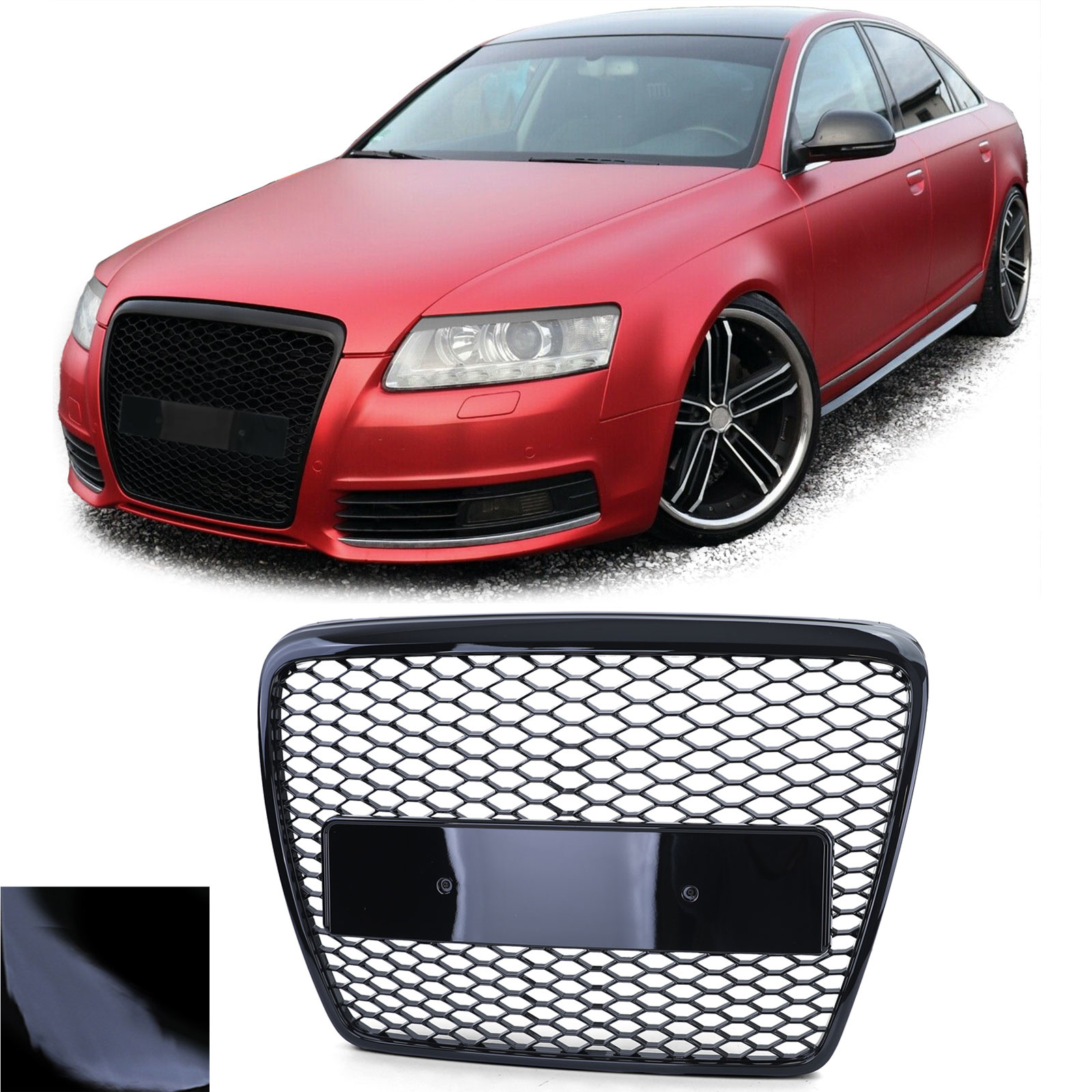 Honingraat grill - Audi A6 C6 4F 08-11 - Badgeloos - ZWART GLANS