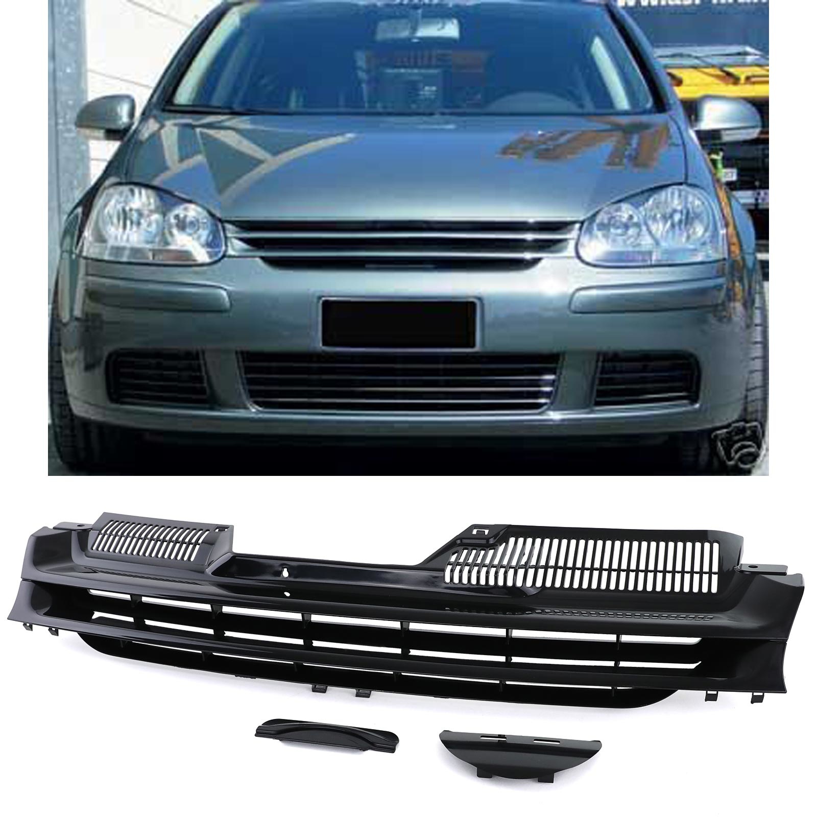 Autogrille - VW Golf 5 03-09 - Badgeloos zwart - Inclusief halve maan