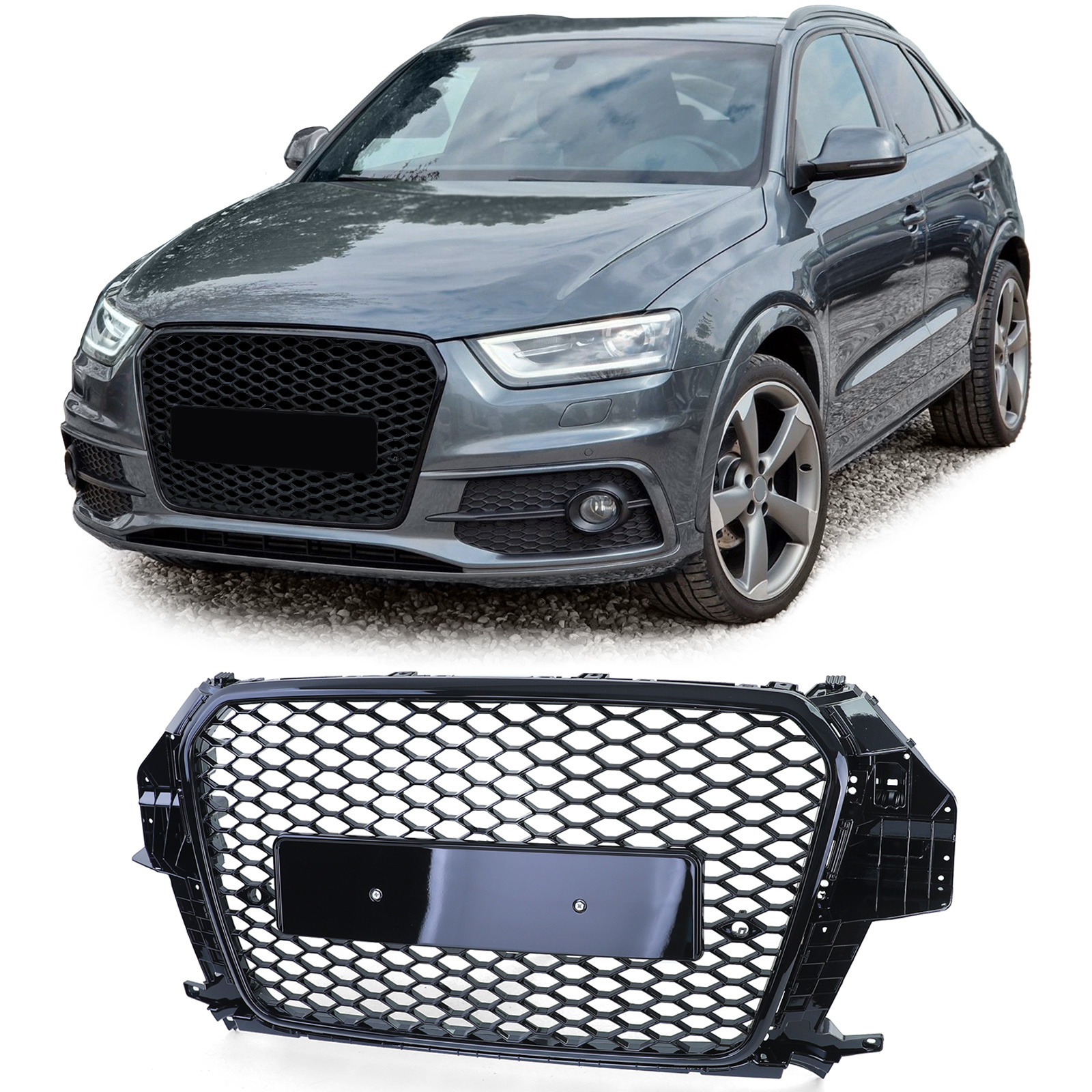 Honingraat grill geschikt voor Audi Q3 8U 11-15 - Badgeloos - Zwart glans.