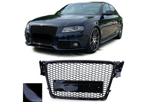 Honingraat Grill geschikt voor Audi A4 B8 8K 07-11 - Badgeloos - Zwart Glans