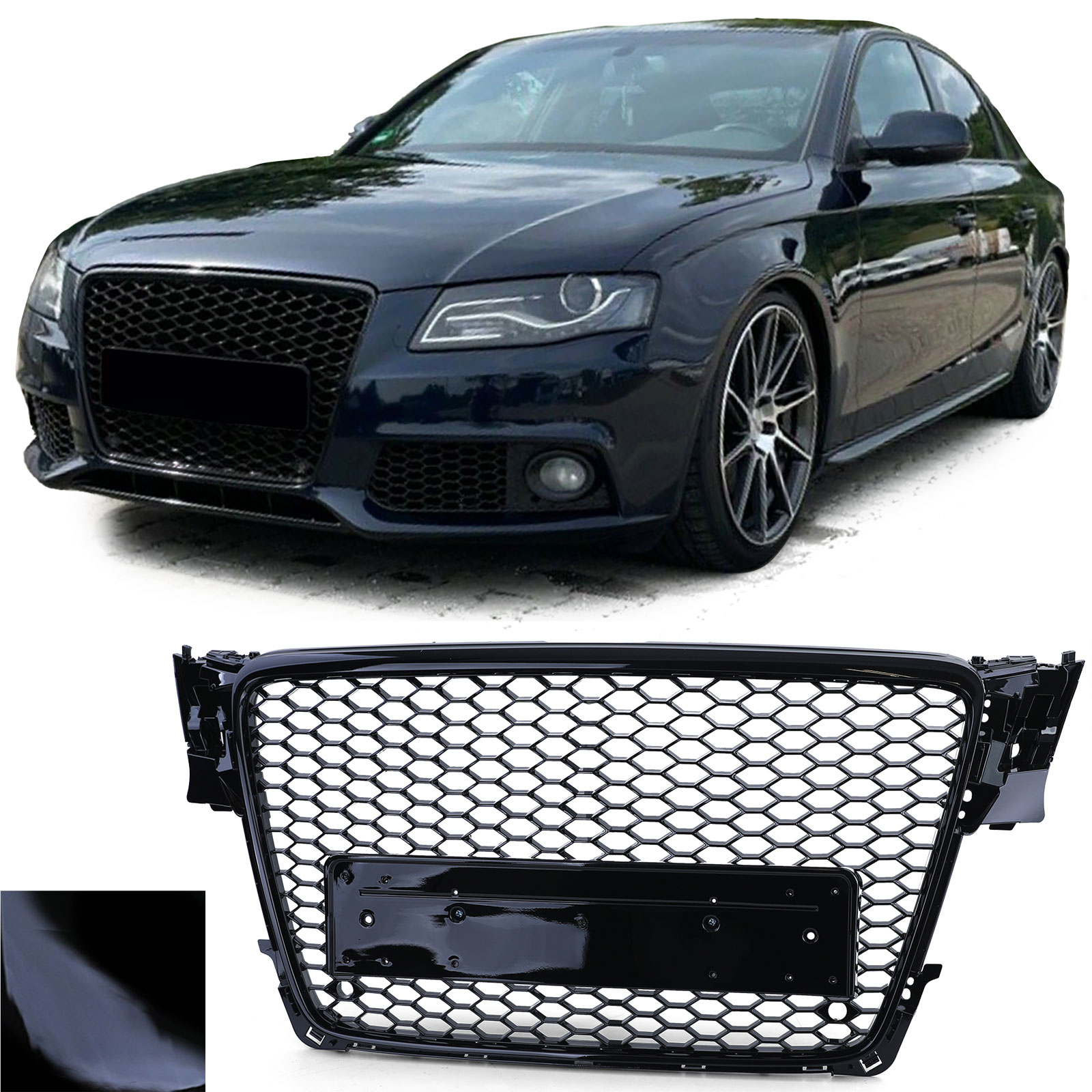 Honingraat Grill - Audi A4 B8 8K 07-11 - Badgeloos - Zwart Glans