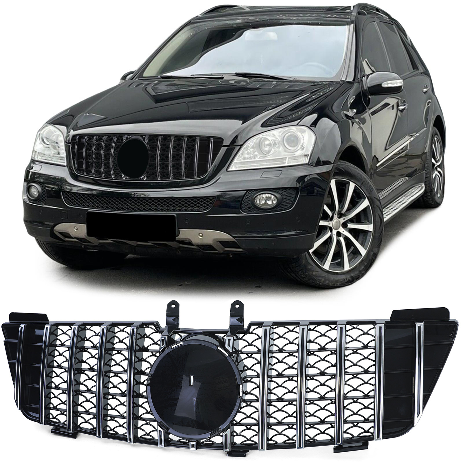 Autogrille - Mercedes M Klasse ML W164 05-08 - Sportieve Look - Glans Zwart/Chroom