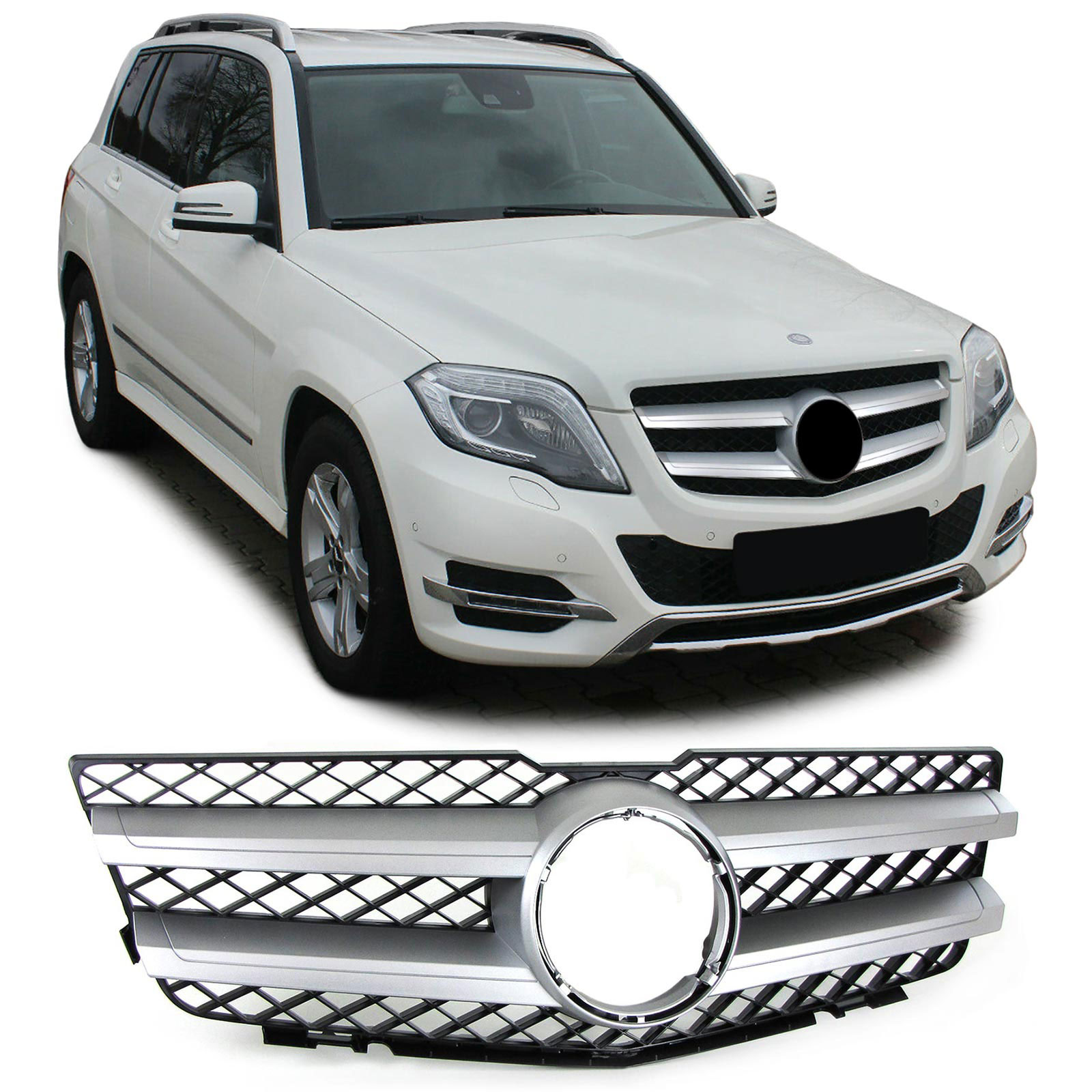 Sport radiateurrooster - geschikt voor Mercedes GLK X204 pre-facelift 08-12 - Zwart zilver - Chromen strips.