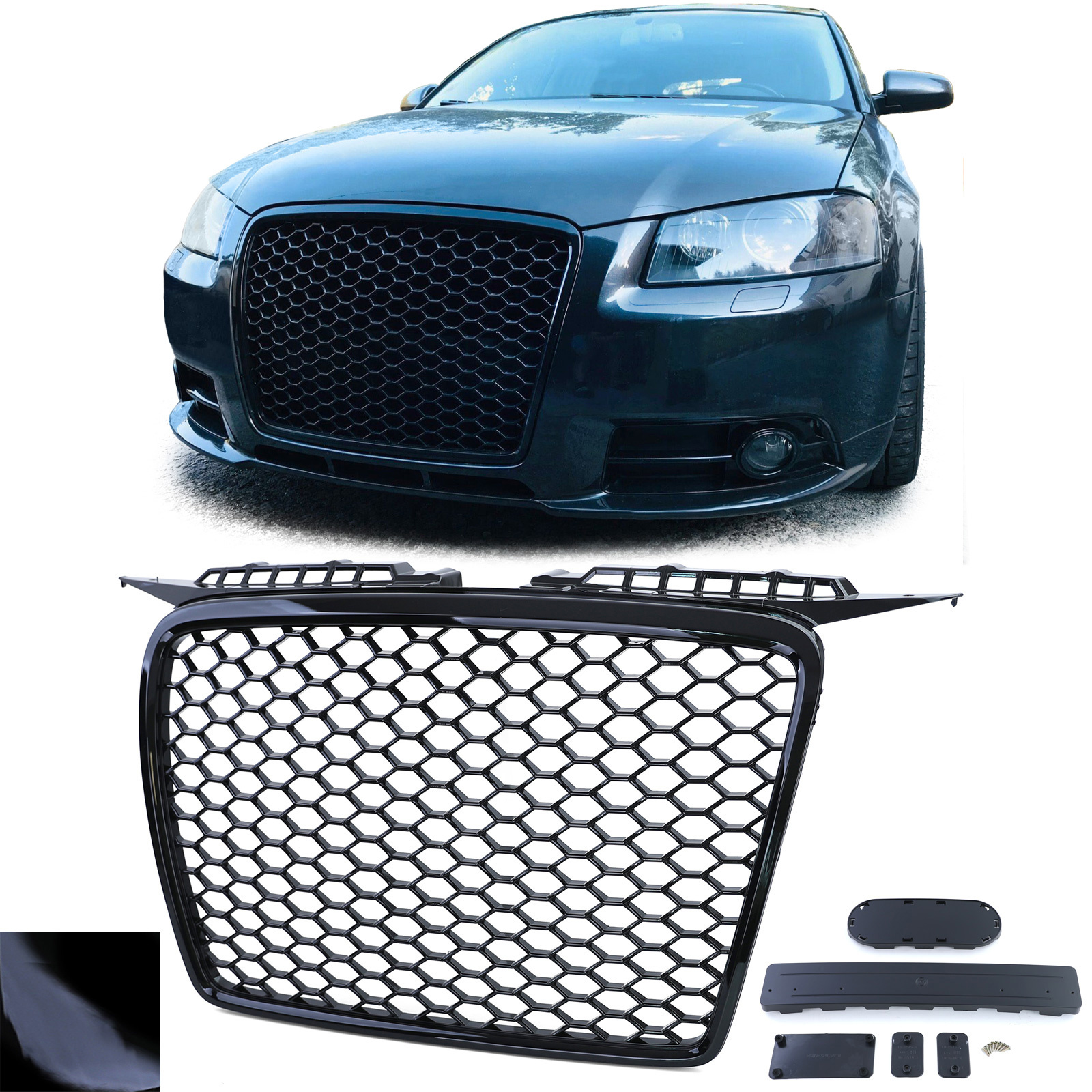 Honingraat grill - Audi A3 8P 05-08 - Sport optiek - Zwart glans