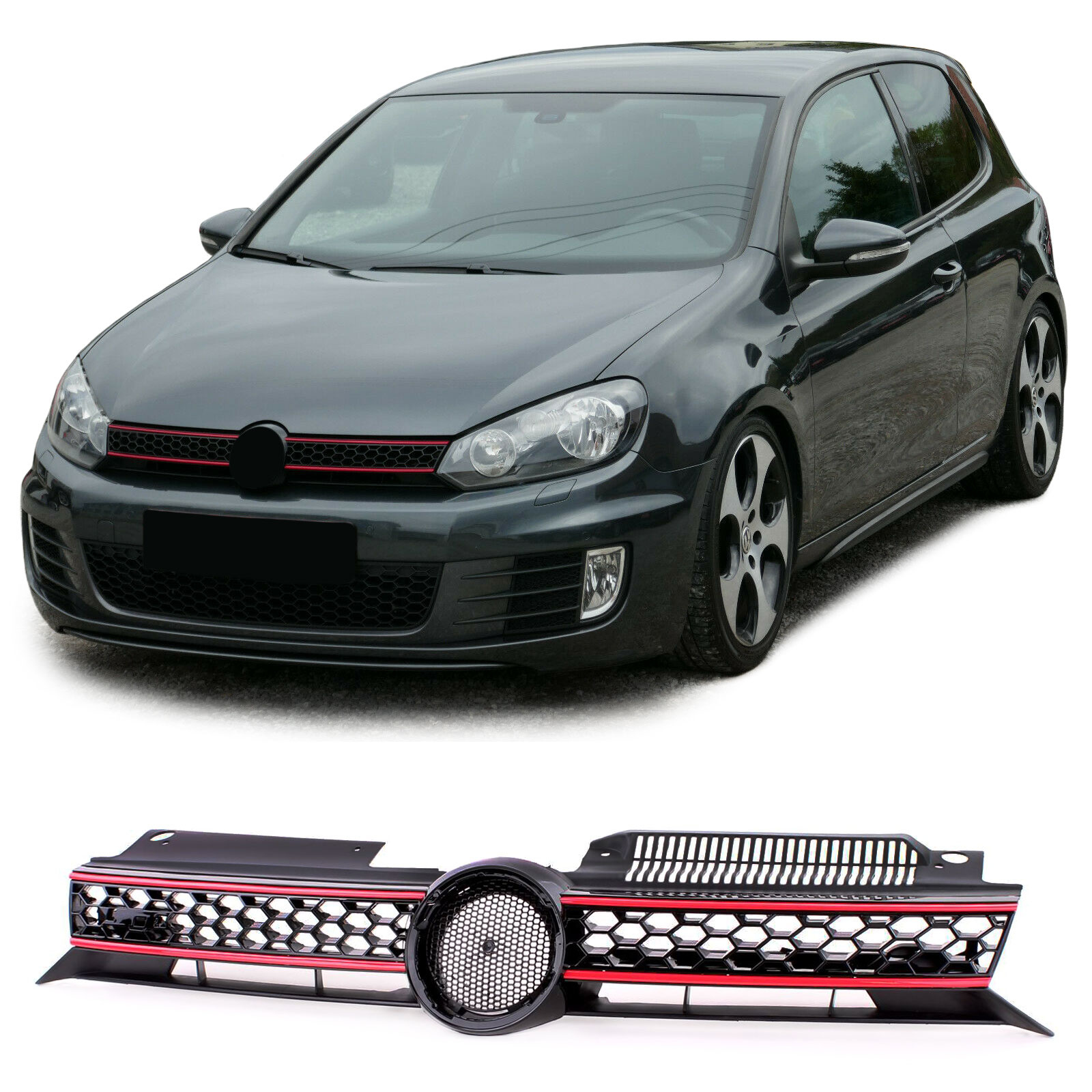 Honingraat grill - VW Golf 6 GTI 08-13 - Sportief rooster - Zwart/rood