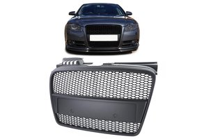 Honingraat grill geschikt voor Audi A4 B7 04-07 - Sportversie mat zwart - Badgeloze honingraatdesign.