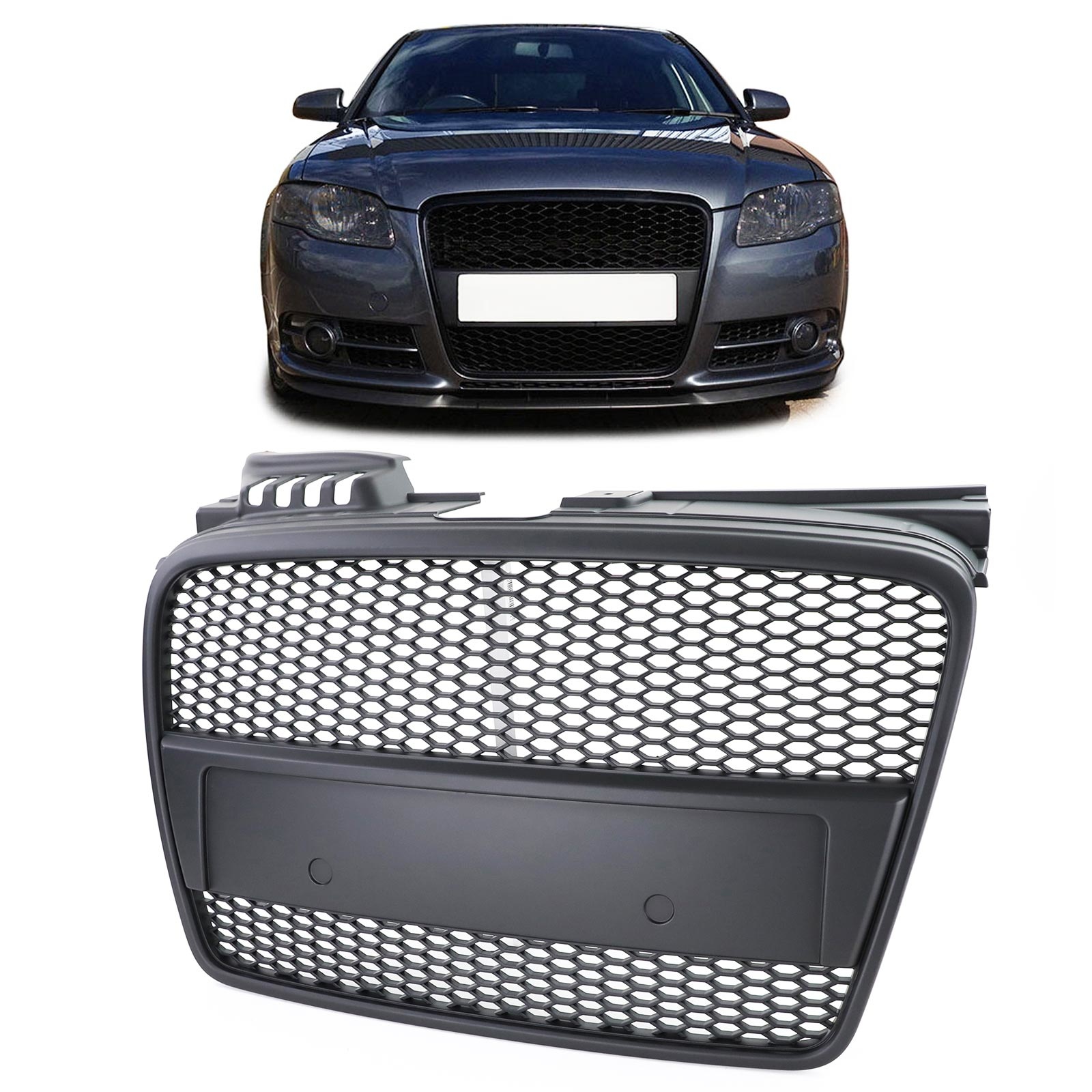 Honingraat grill - Audi A4 B7 04-07 - Sportversie mat zwart - Badgeloze honingraatdesign.