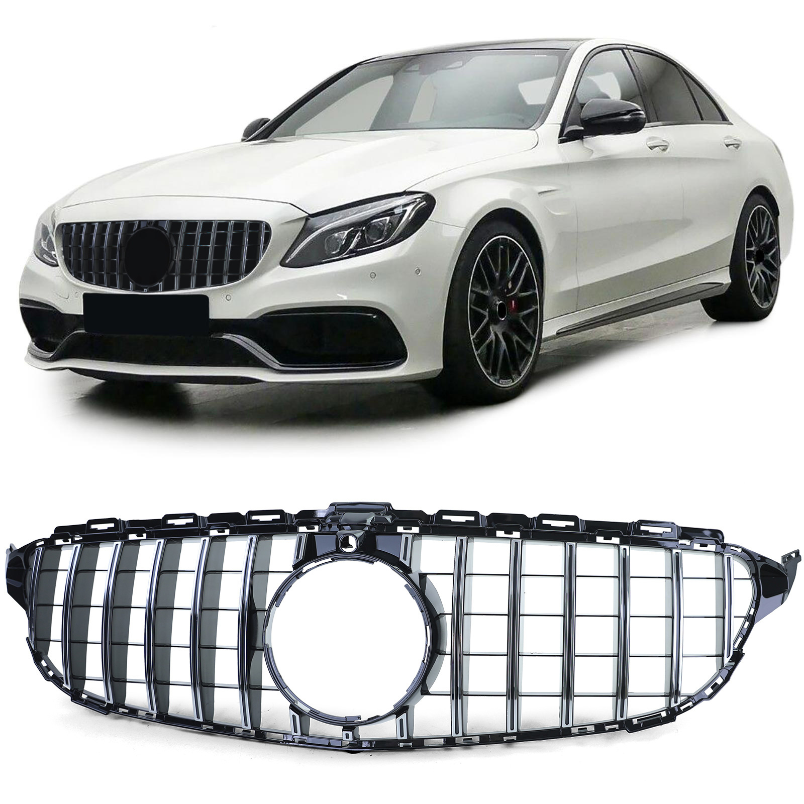 Autogrille - Mercedes C Klasse W205 S205 - Zwart Glanzend Chroom - Sport Optiek