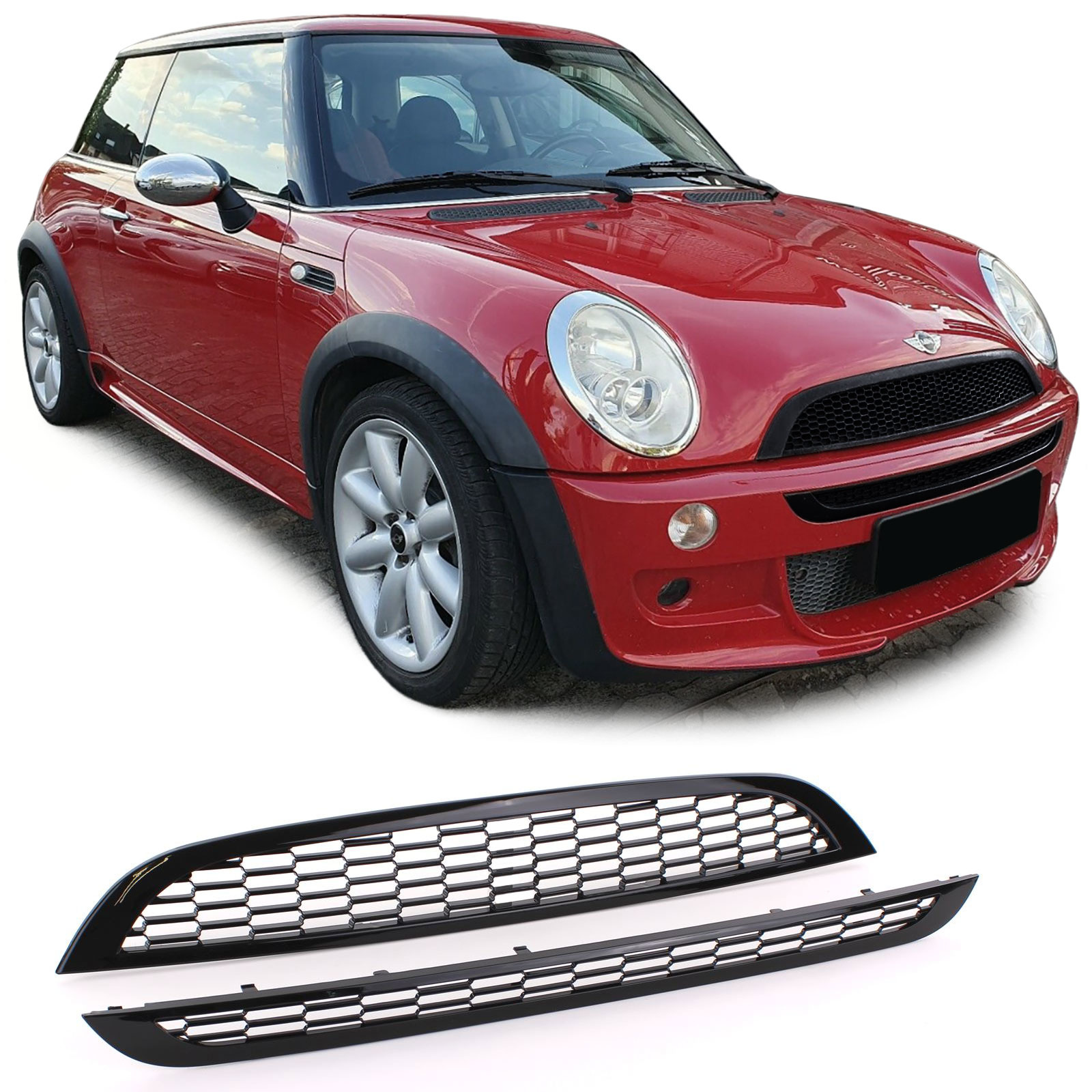 Autogrille - Mini R50 R53 One Cooper 01-06 - Sportief honingraatdesign - Glanzend zwart