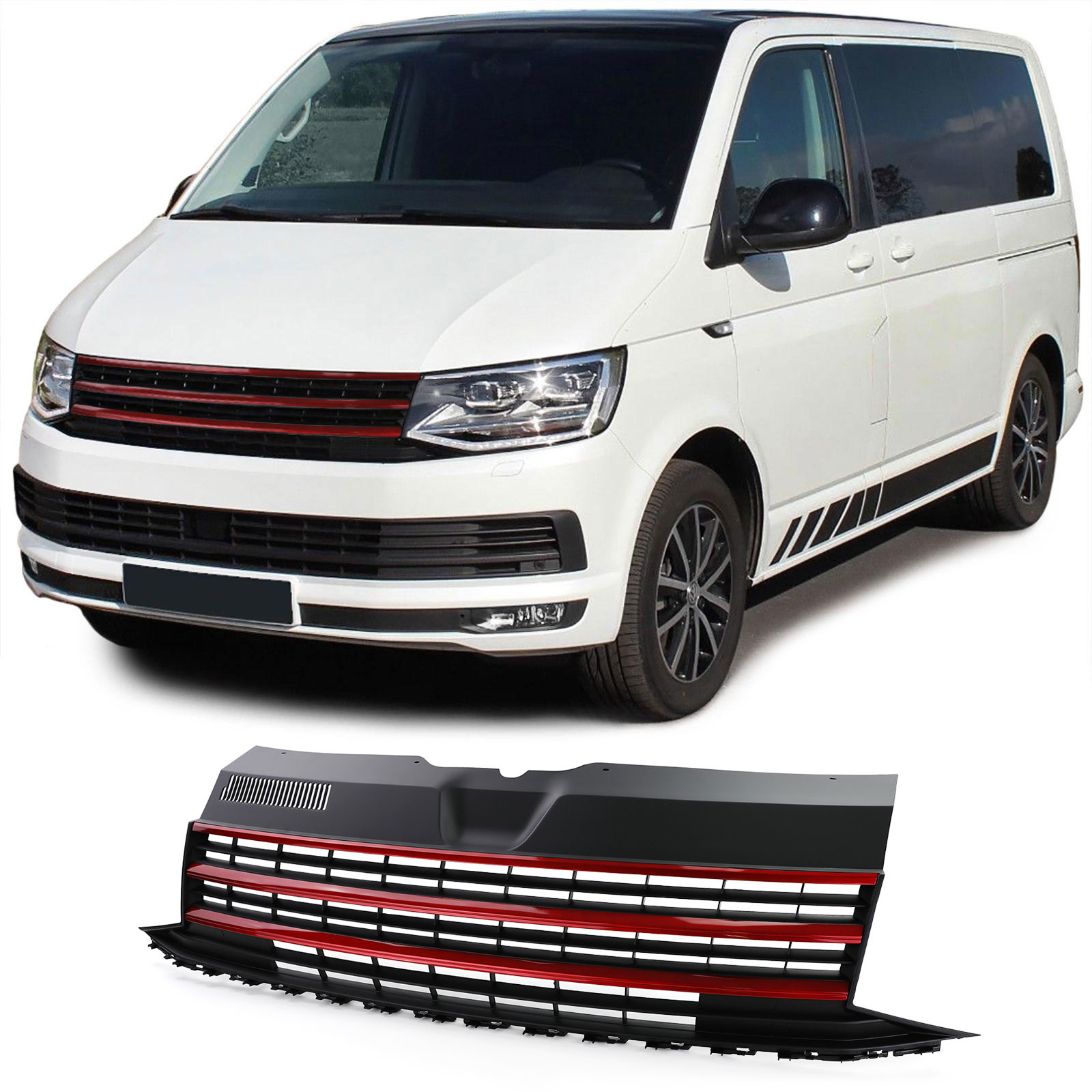 Autogrille - VW T6 Bus Transporter 15-19 - Badgeloos - Rode strepen