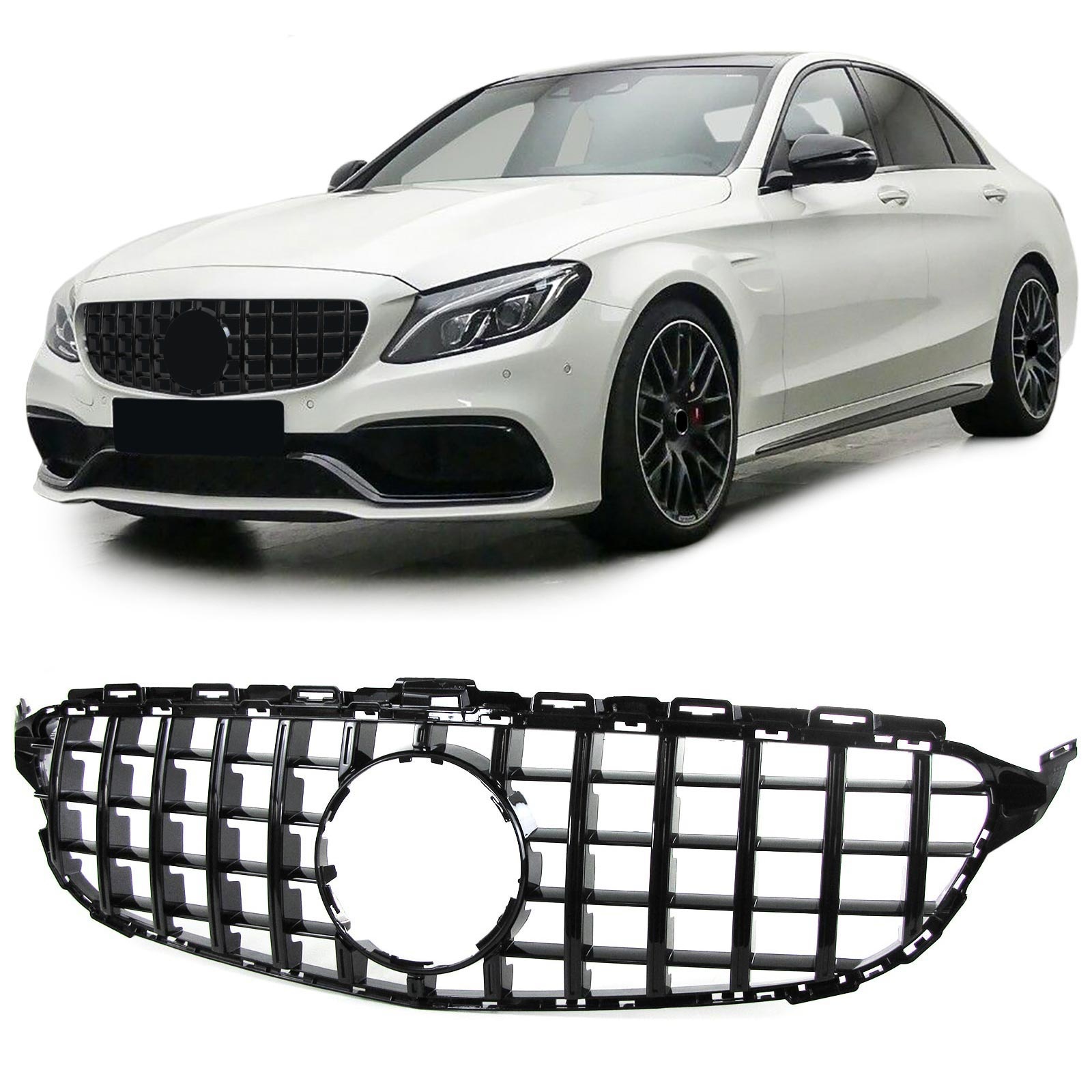 Autogrille - geschikt voor Mercedes C-klasse W205 S205 14-18 - Zwart Glans - Sportieve Uitvoering