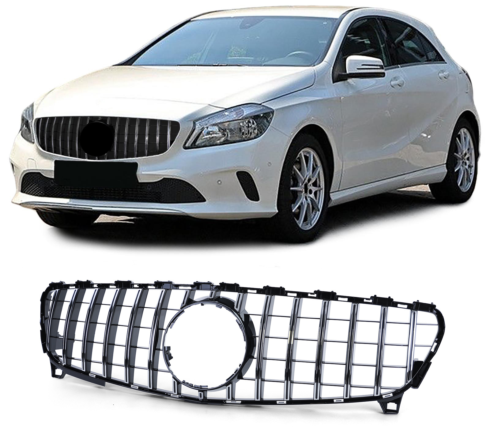 Autogrille - Mercedes A-klasse W176 15-19 - Zwart Glans/Chroom - Sportieve look