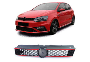 Autogrille - VW Polo 5 6R 6C 09-17 - sport optiek - zwart glans met rode sierstrepen -