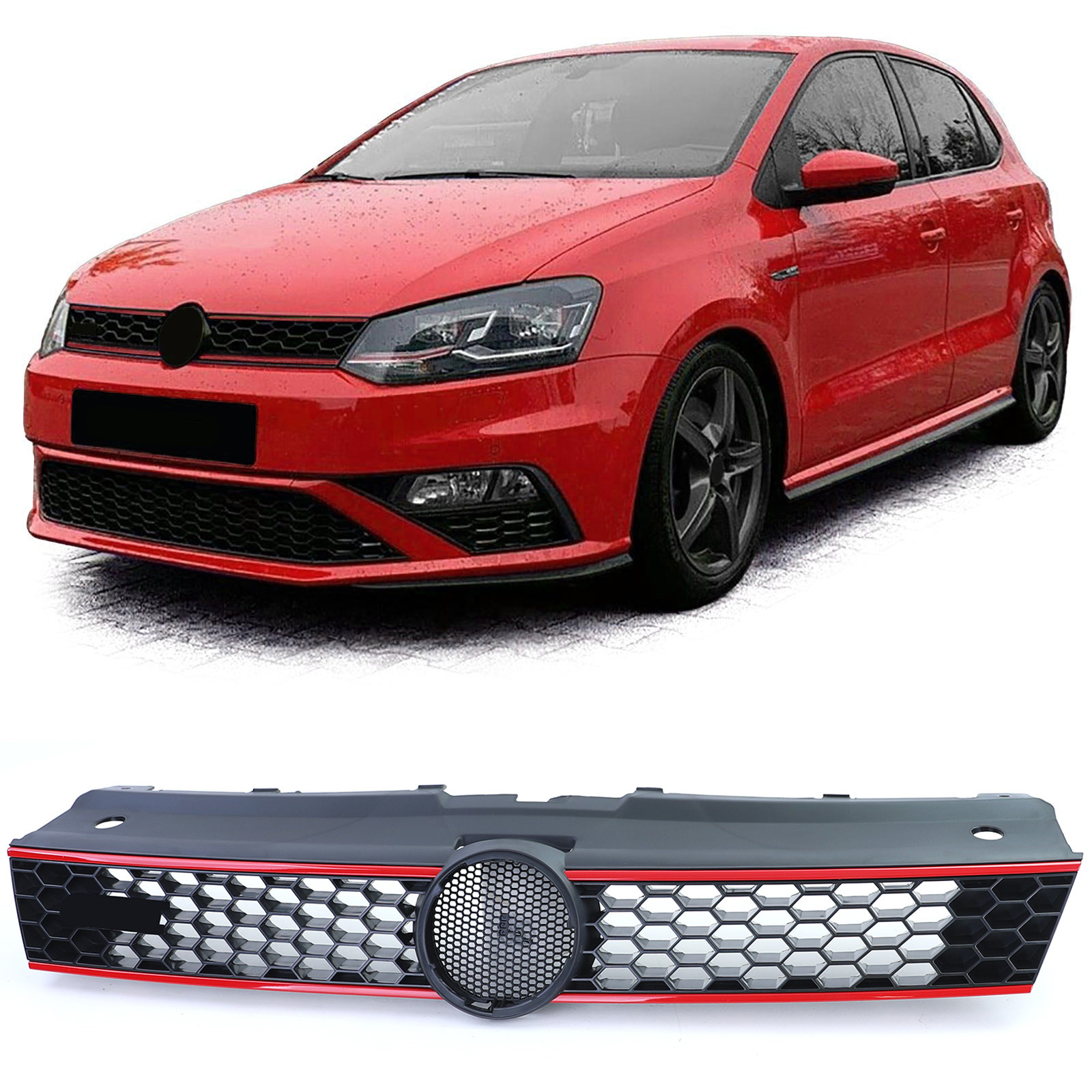 Autogrille - VW Polo 5 6R 6C 09-17 - sport optiek - zwart glans met rode sierstrepen -