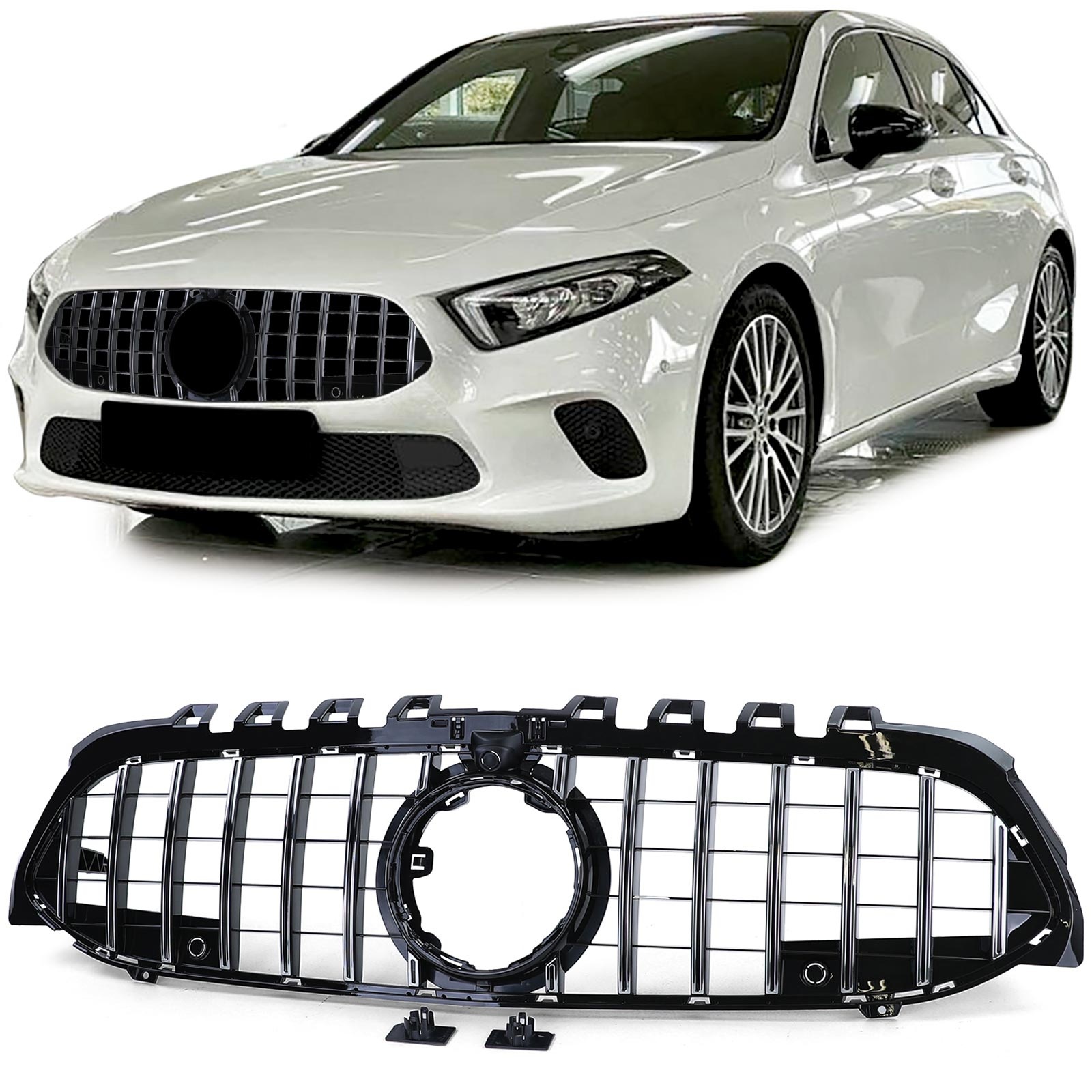 Autogrille - Mercedes A-klasse W177 V177 - Sport optiek - ZWART GLANS/CHROOM, 2018