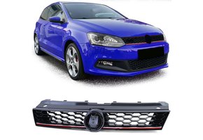 Autogrille - VW Polo 5 6R 6C 09-17 - Sport optiek - Glanzend zwart met rode sierstreep
