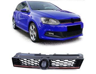 Autogrille - VW Polo 5 6R 6C 09-17 - Sport optiek - Glanzend zwart met rode sierstreep