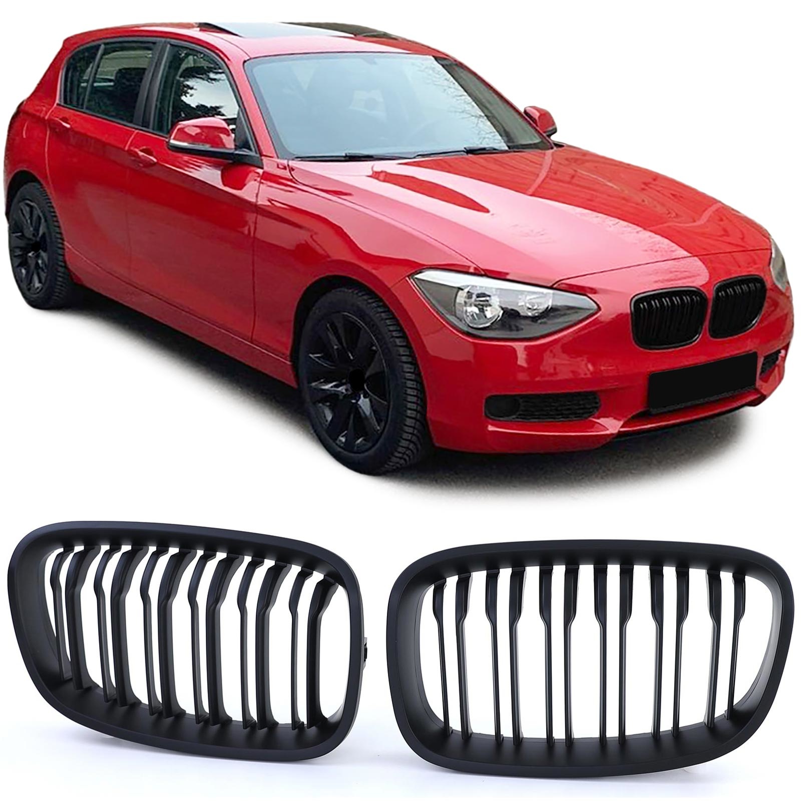 Grill Nieren - BMW 1 serie F20 F21 10-14 - Dubbele stang - Perf. Zwart Mat