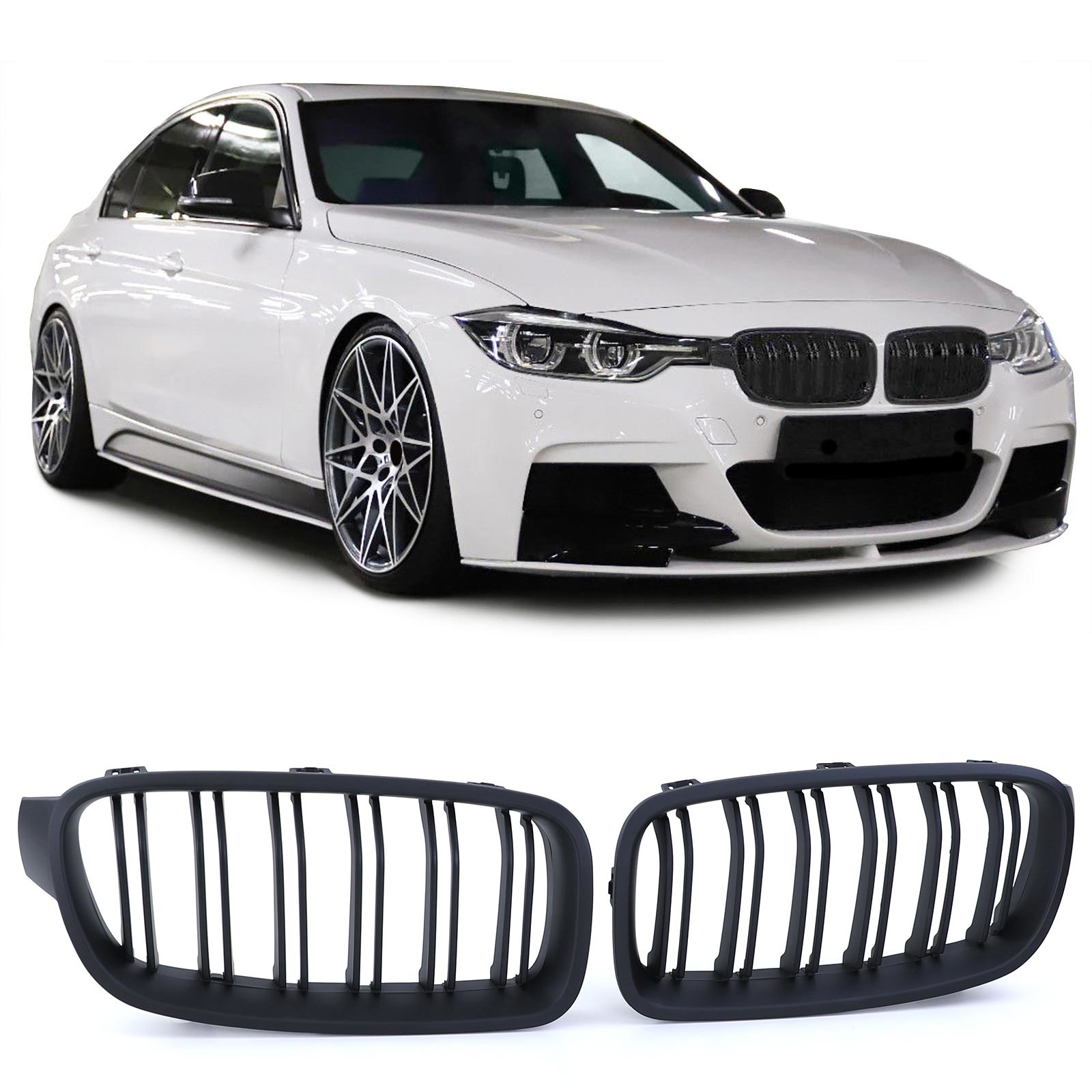 Grill nieren - BMW 3 Serie F30 F31 11-19 - Sportradiatorrooster dubbele stang - PERFORMANCE ZWART MAT